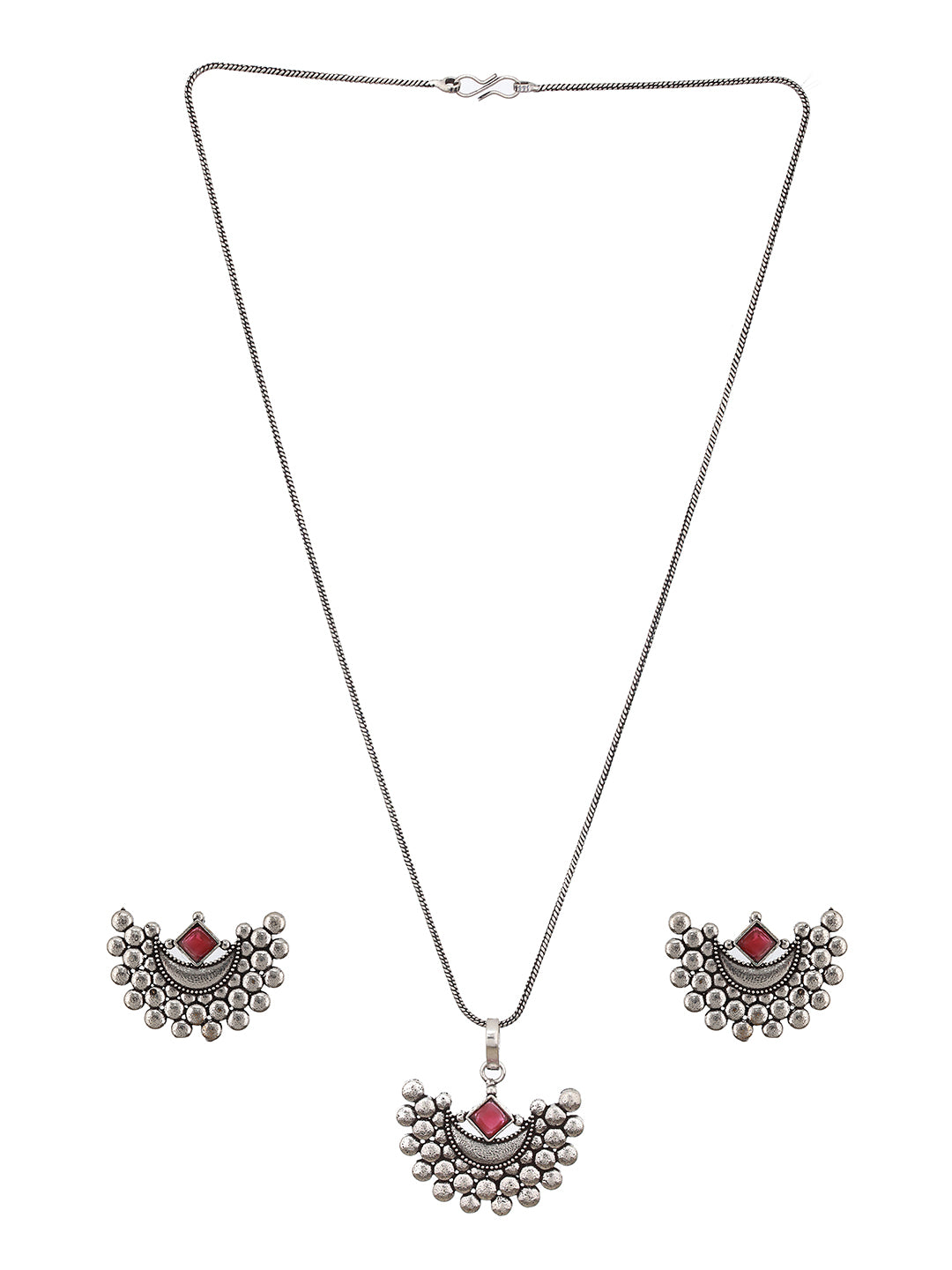 Oxidised Silver Plated Maroon Stone Locket Jewellery  Set