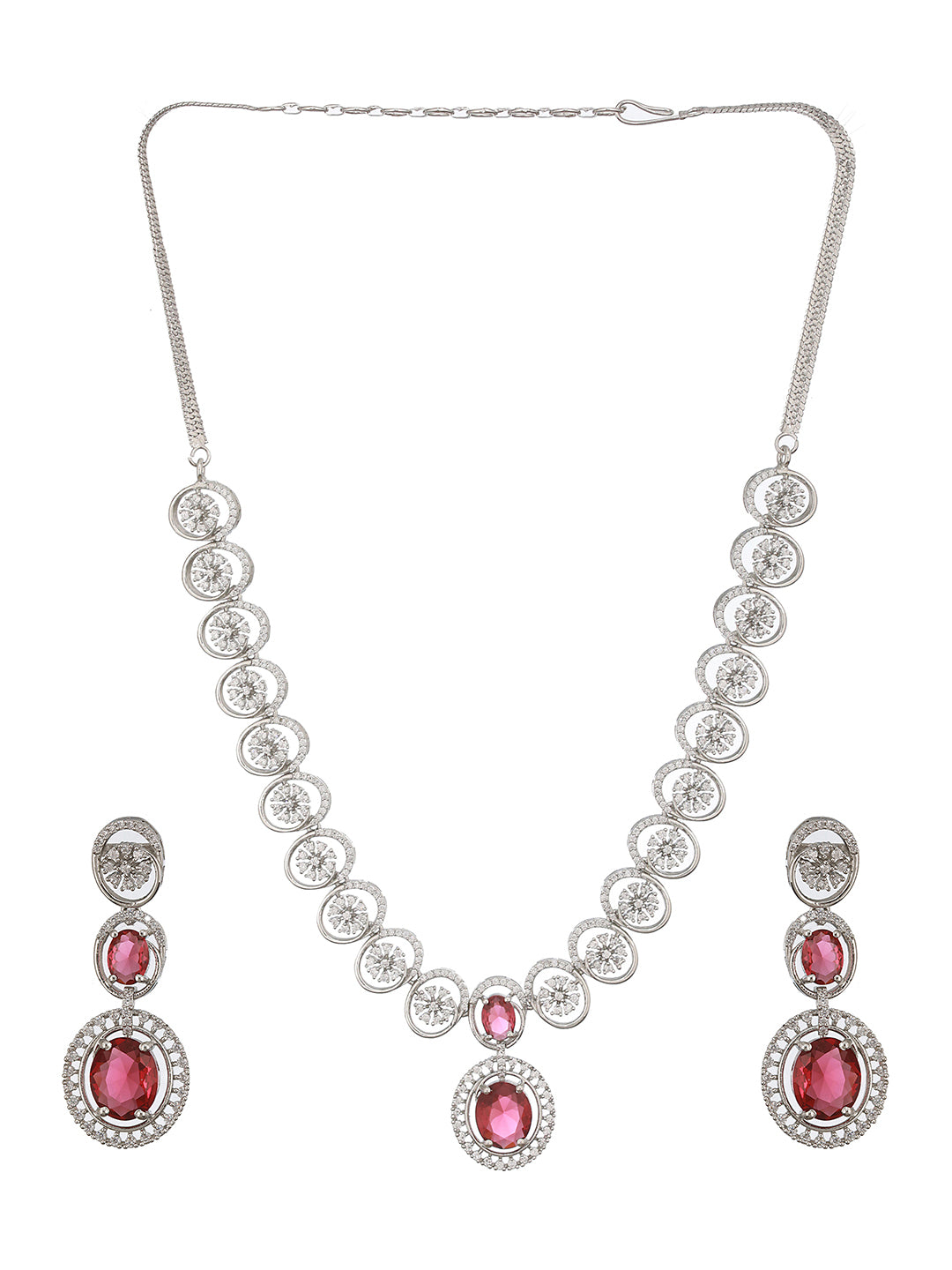 Rhodium Red Ruby Zircon Studded Delicate Contemporary Necklace Jewellery Set