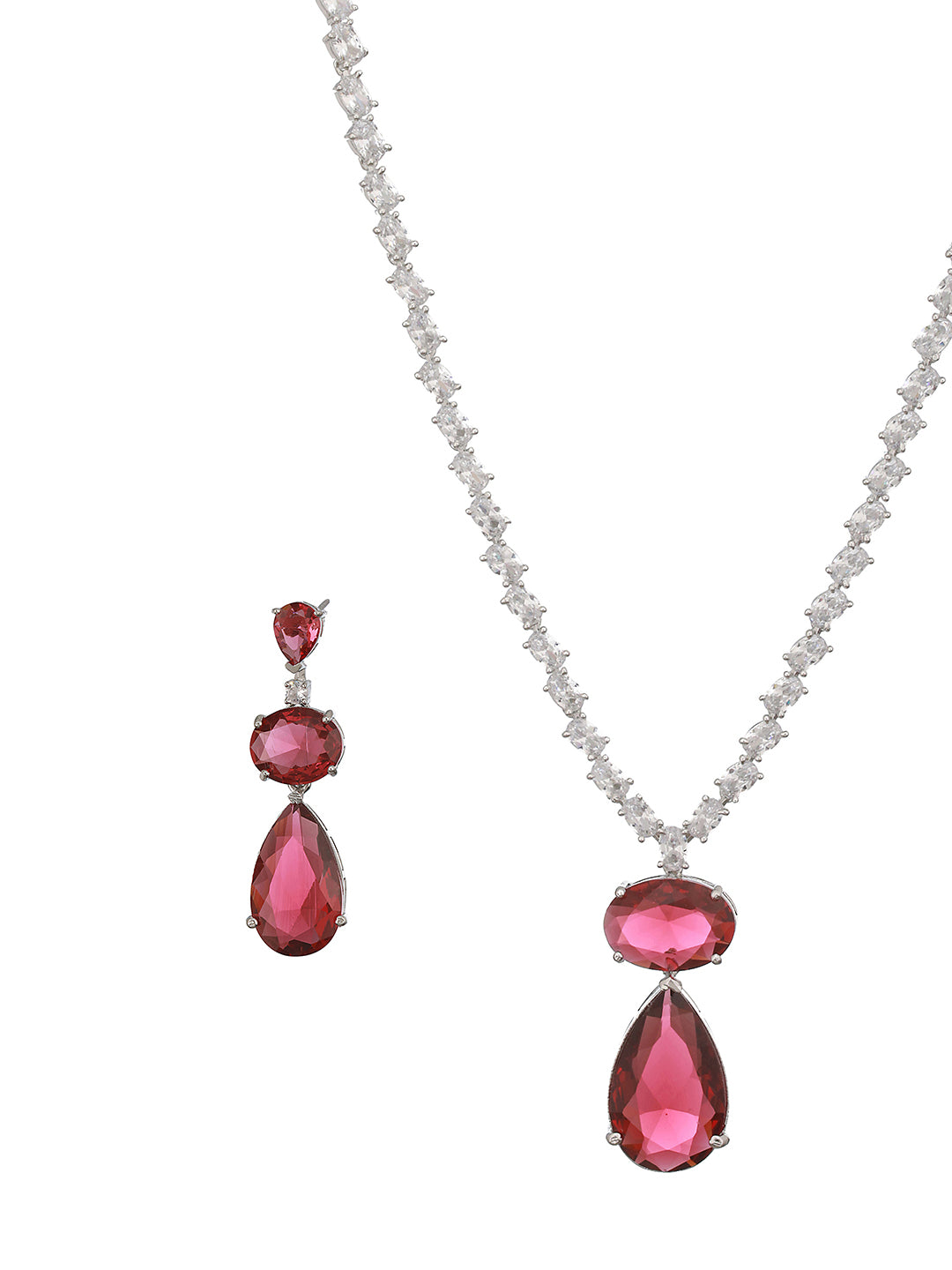 Rhodium Red Ruby Luxe Designer Contemporary Pendant Jewellery Set