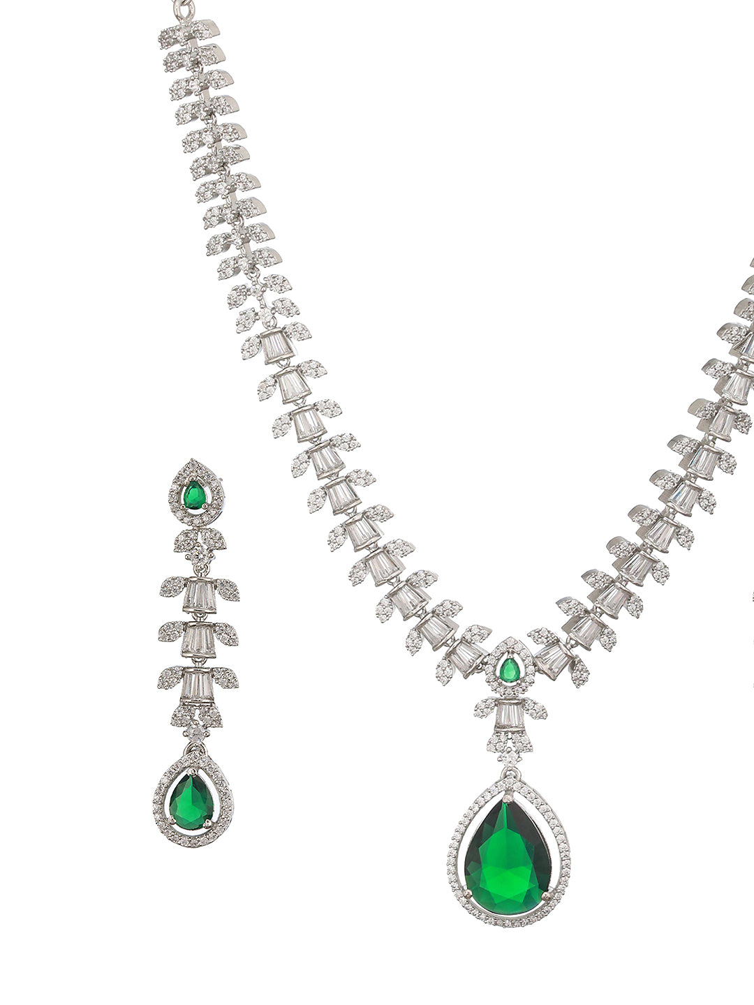 Rhodium Green Emerald Bagatte Zircon Studded Occasionwear Pendant Jewellery  Set