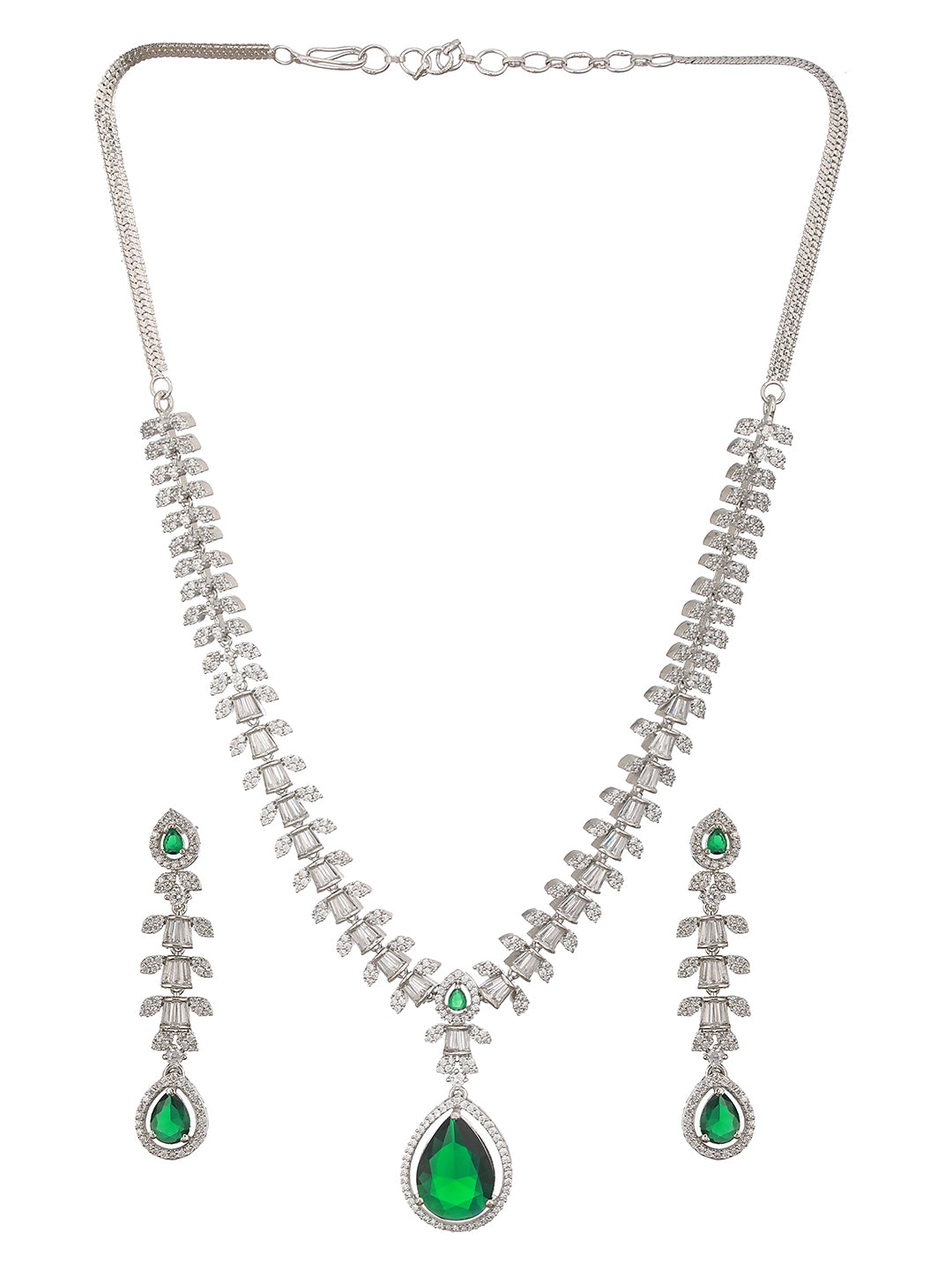 Rhodium Green Emerald Bagatte Zircon Studded Occasionwear Pendant Jewellery  Set