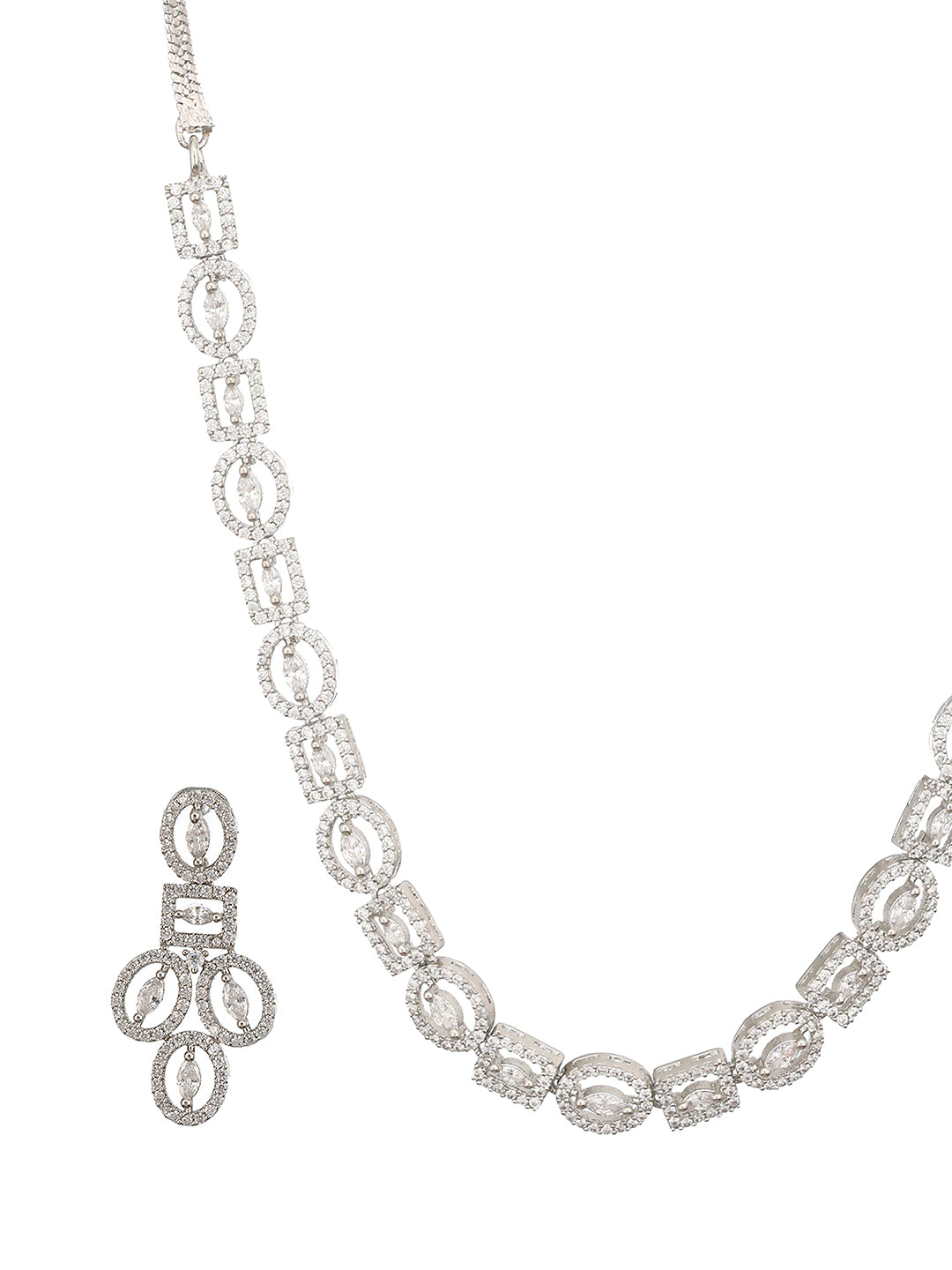 Rhodium Cubic Zircon Studded Contemporary Minimal Necklace Jewellery  Set