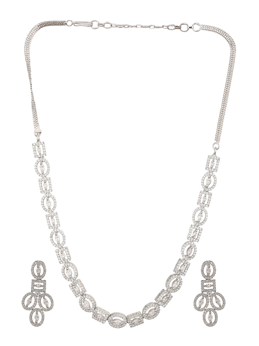 Rhodium Cubic Zircon Studded Contemporary Minimal Necklace Jewellery  Set