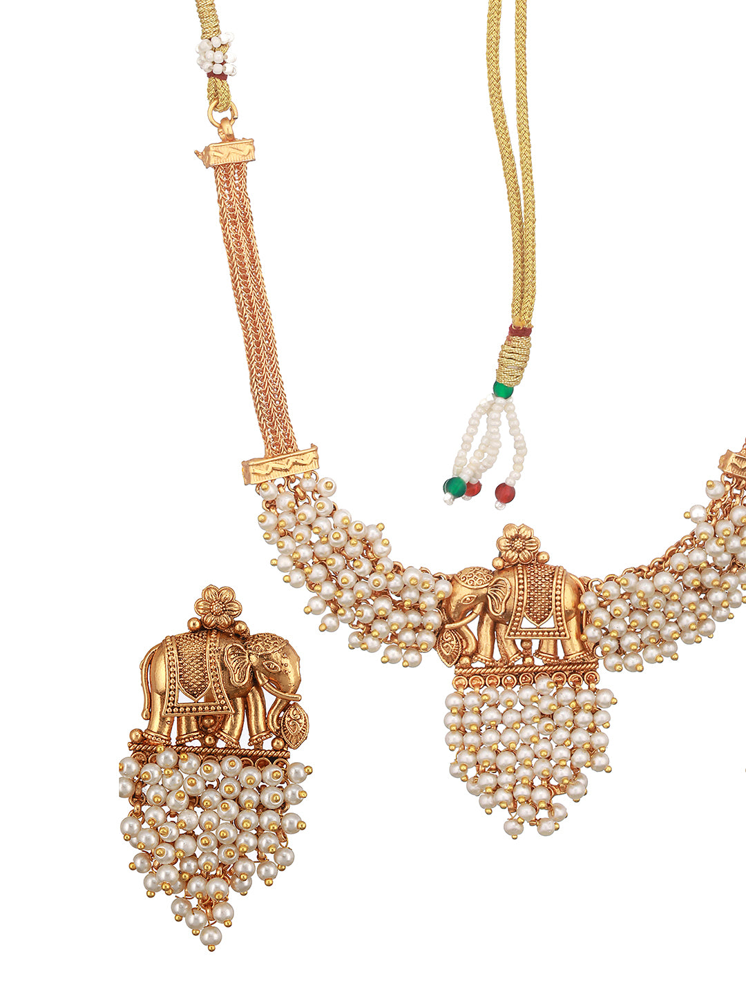Gold Plated Elephant Motif Pearl Beaded Designer Earrings  Necklace Jewellery Set