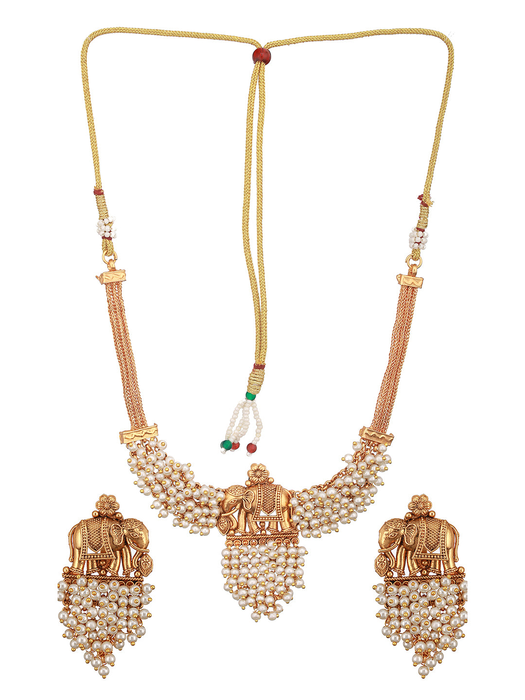 Gold Plated Elephant Motif Pearl Beaded Designer Earrings  Necklace Jewellery Set