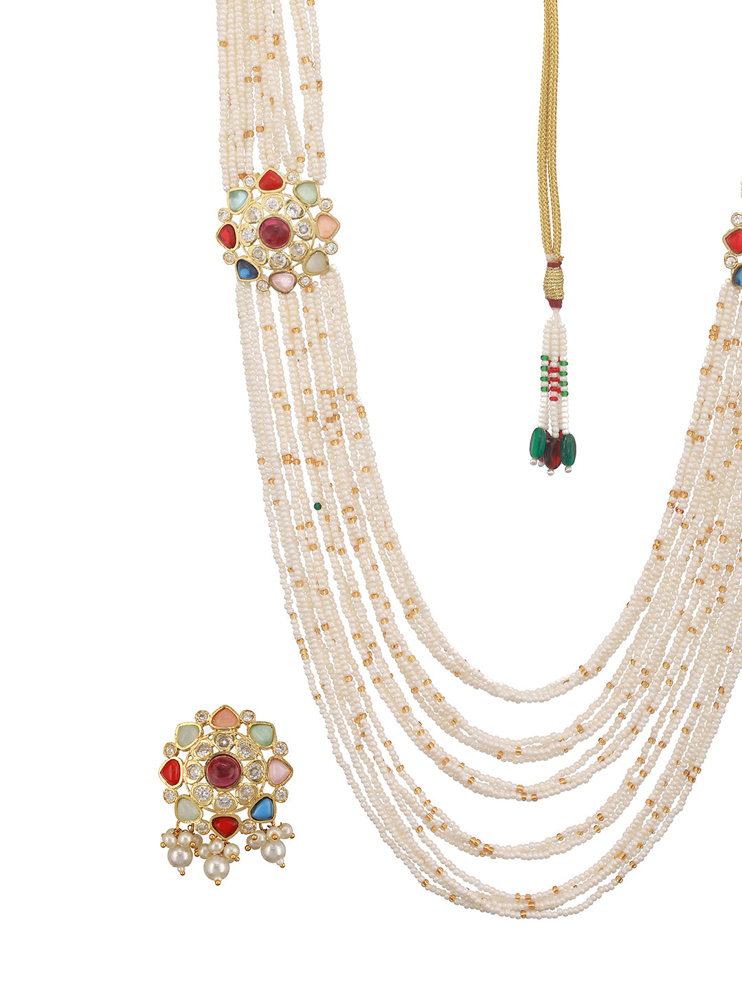 Nav Ratan Kundan Studded Pearl Beaded Haram Layered Royal Jewellery Set