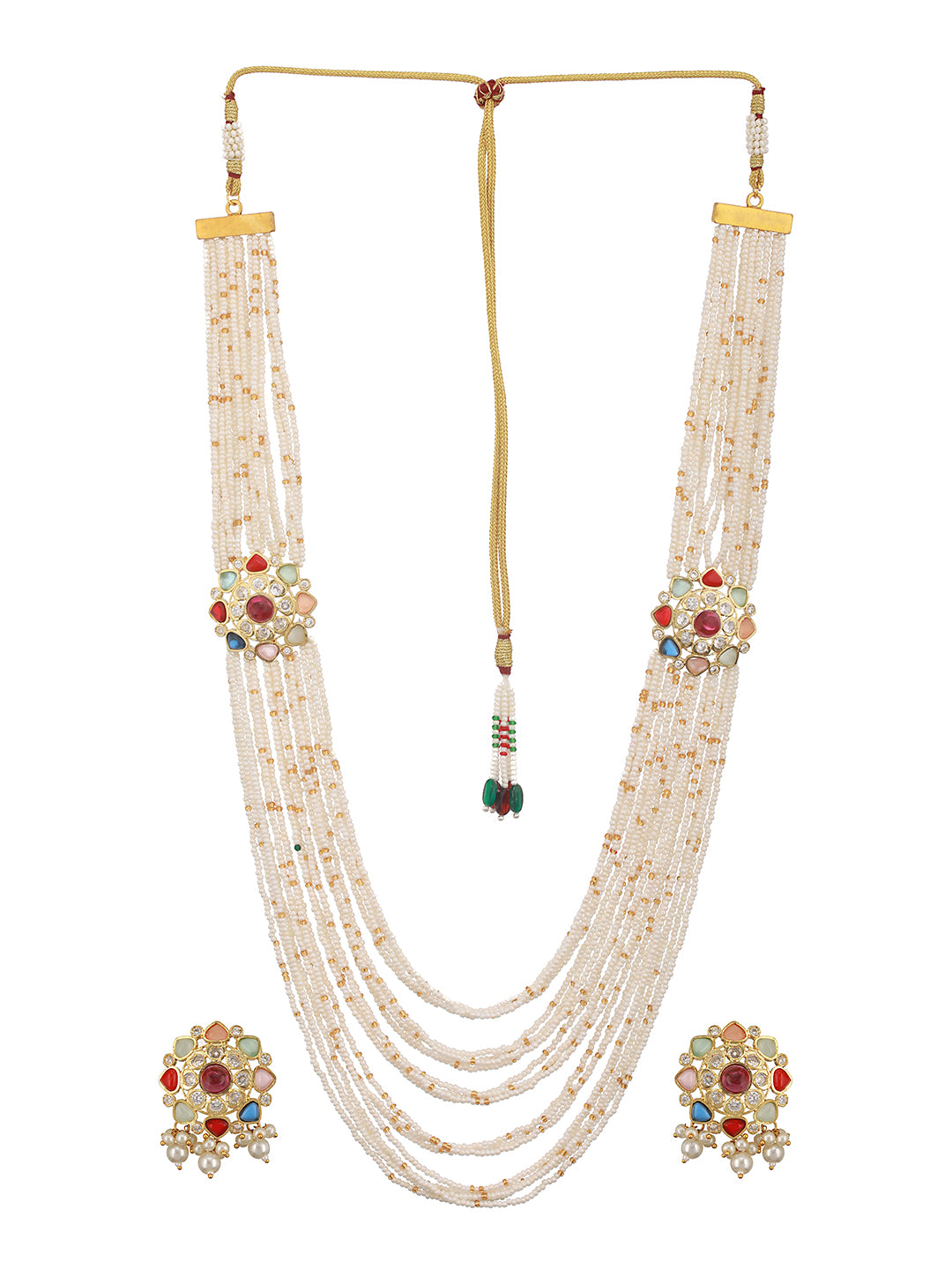 Nav Ratan Kundan Studded Pearl Beaded Haram Layered Royal Jewellery Set