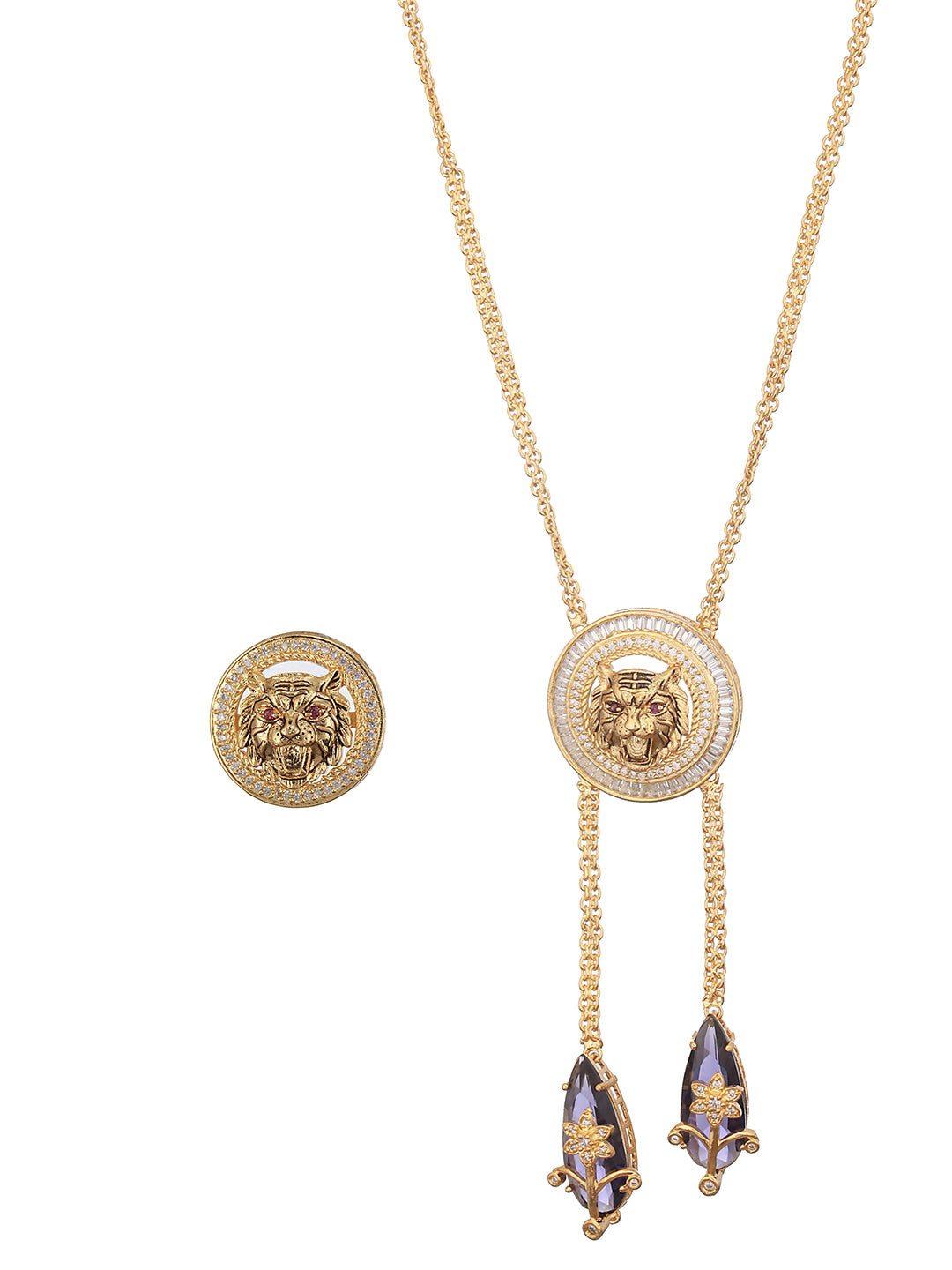 Gold Plated Amethyst  AD Studded Lion Motif Designer Chain  & Necklace Jewellery  Set
