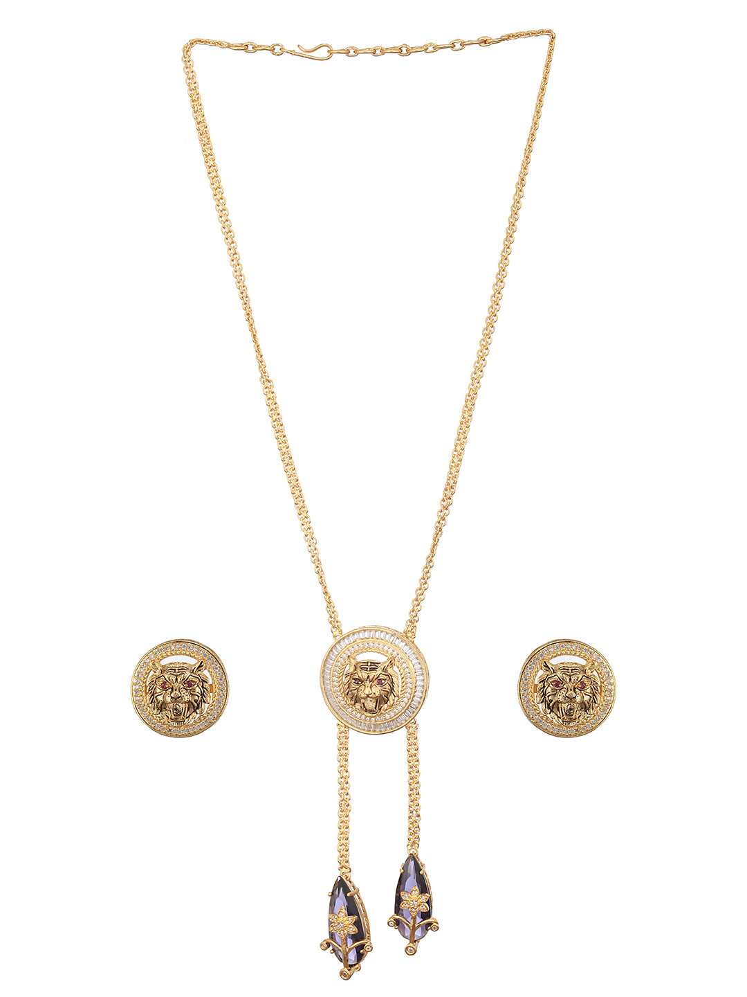 Gold Plated Amethyst  AD Studded Lion Motif Designer Chain  & Necklace Jewellery  Set