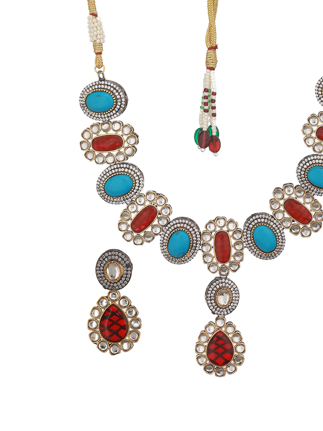 Victorian Polish Maroon & Turquoise Kundan Studded Floral Necklace Jewellery  Set