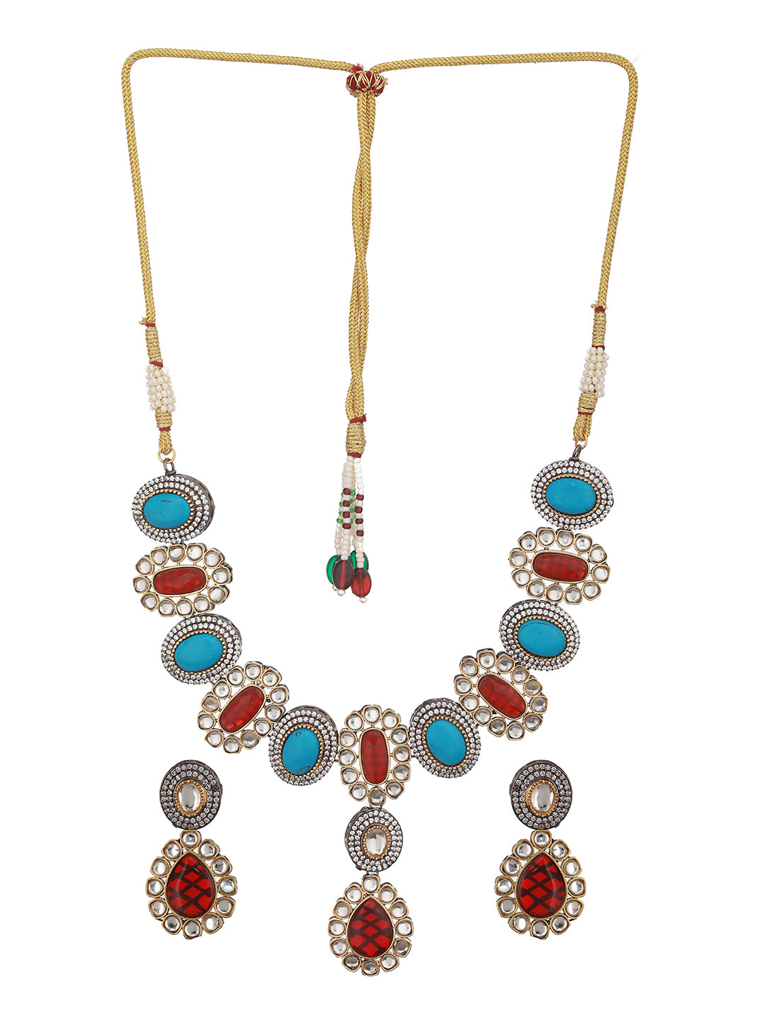 Victorian Polish Maroon & Turquoise Kundan Studded Floral Necklace Jewellery  Set
