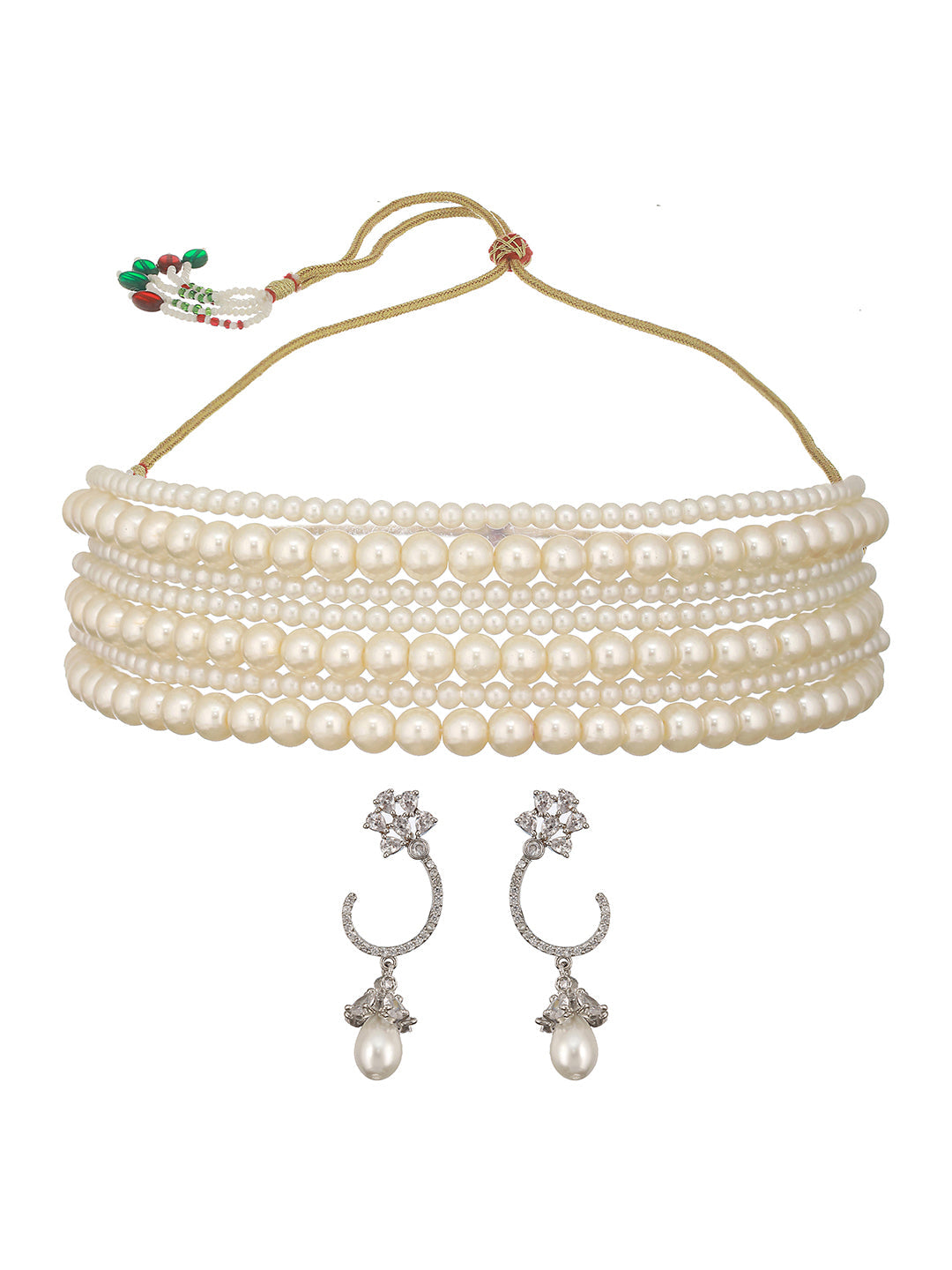Pearl Beaded 7 Layered Minimal Luxe Choker with AD Earrings  Jewellery  Set