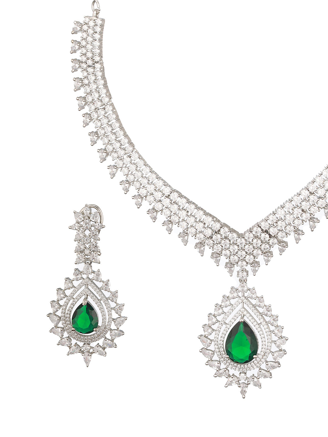 Silver Toned Green Emerald Studded Designer Bridal Necklace Jewellery  Set