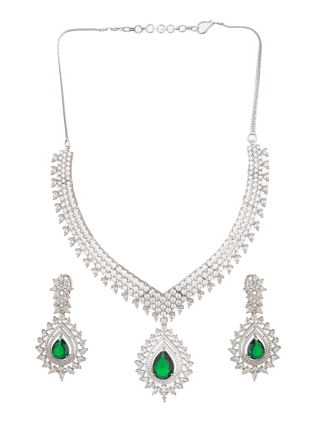 Silver Toned Green Emerald Studded Designer Bridal Necklace Jewellery  Set