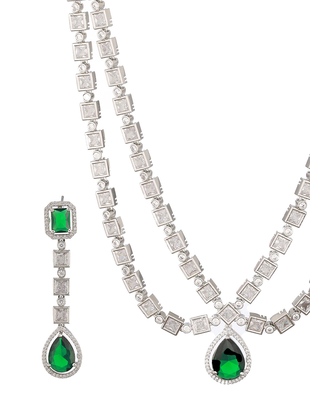 Silver Toned Green Zircon Studded Double Lined Designer Luxe Necklace Jewellery  Set