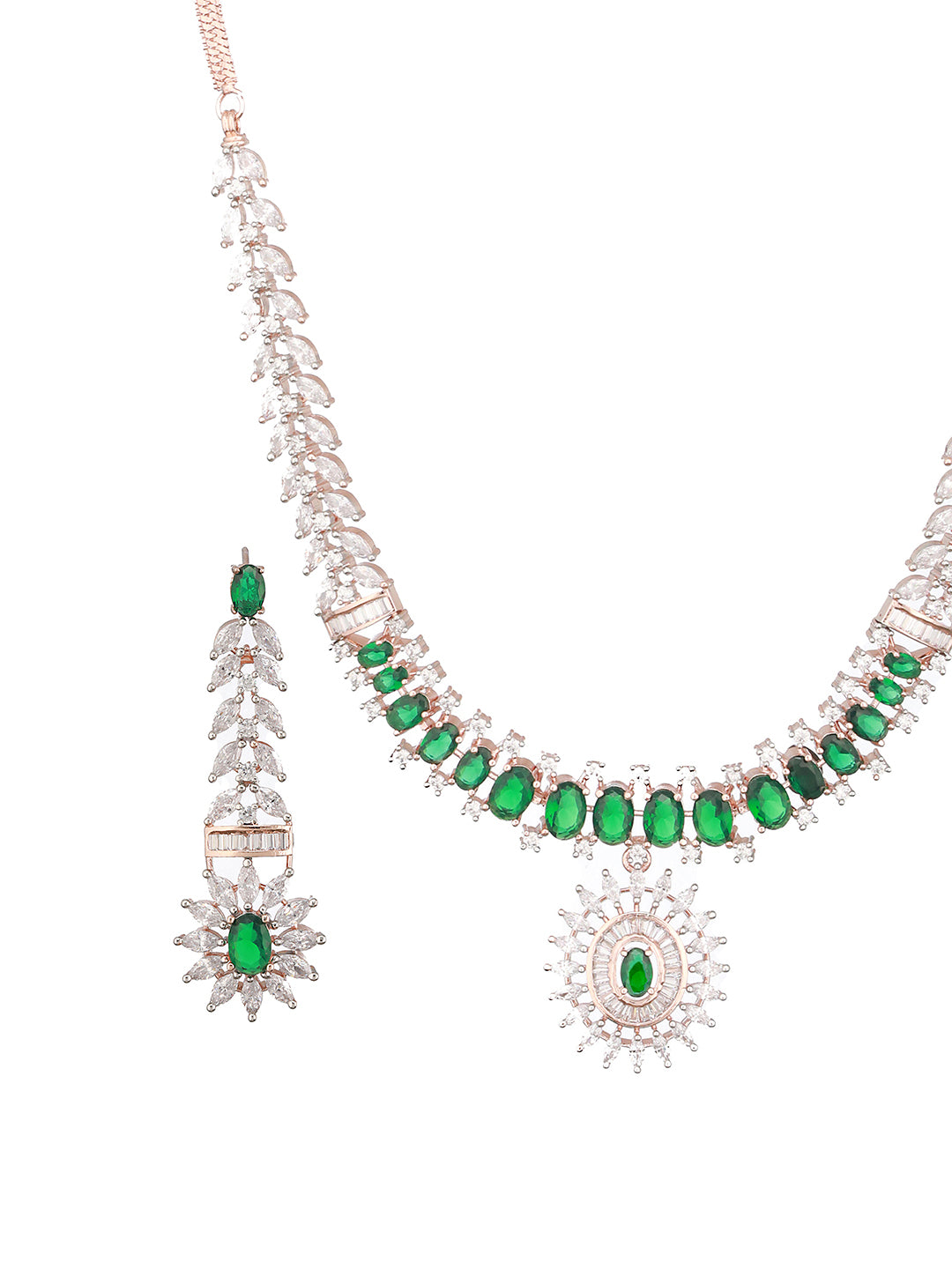 Rose Polish Green  Emerald Studded Minimal  Floral Pendant Necklace Jewellery  Set