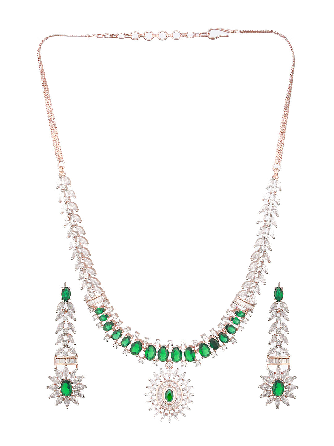 Rose Polish Green  Emerald Studded Minimal  Floral Pendant Necklace Jewellery  Set