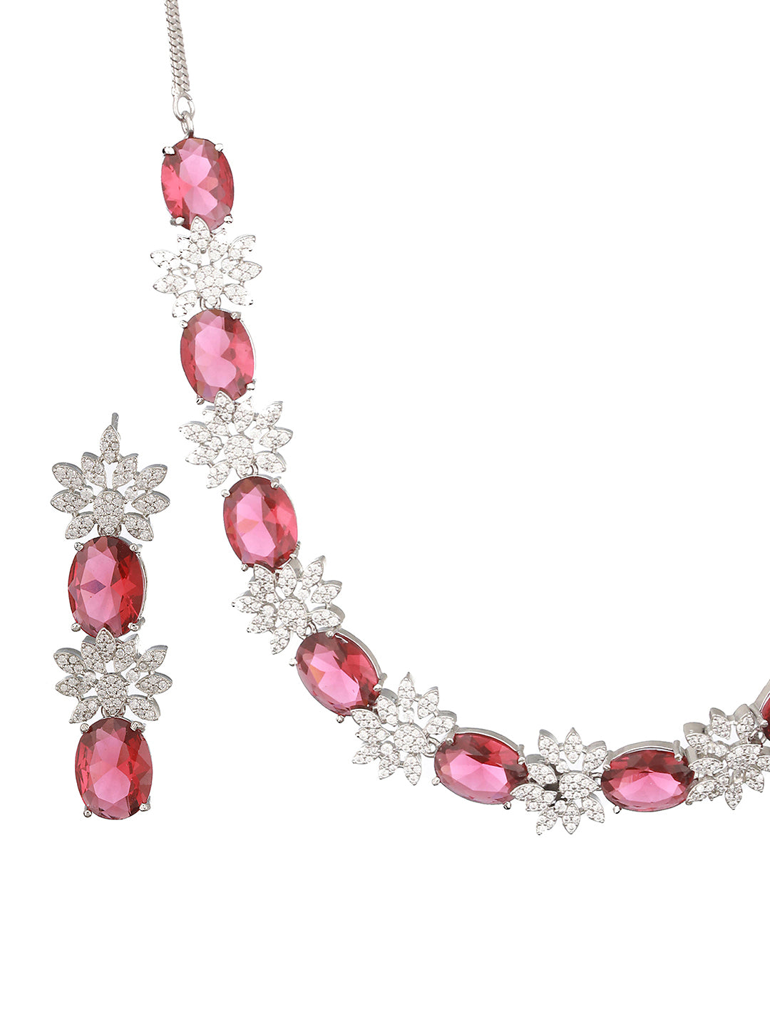 Silver Plated Red ADStudded Designer Floral Design Jewellry Set