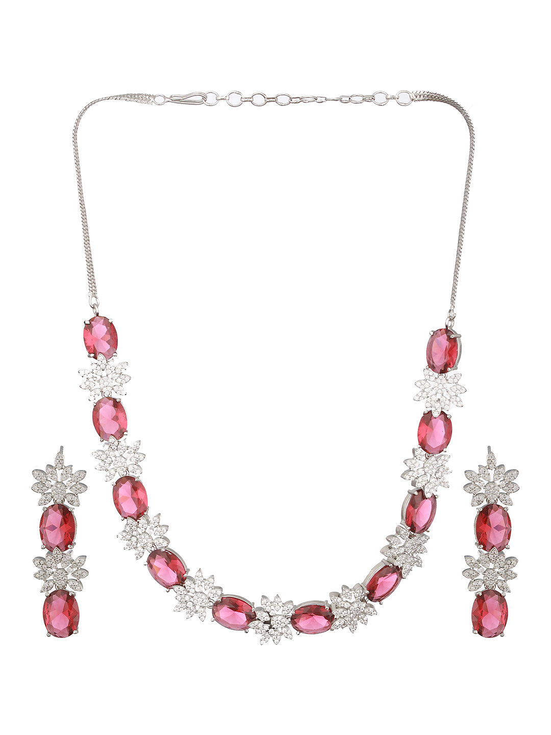 Silver Plated Red ADStudded Designer Floral Design Jewellry Set