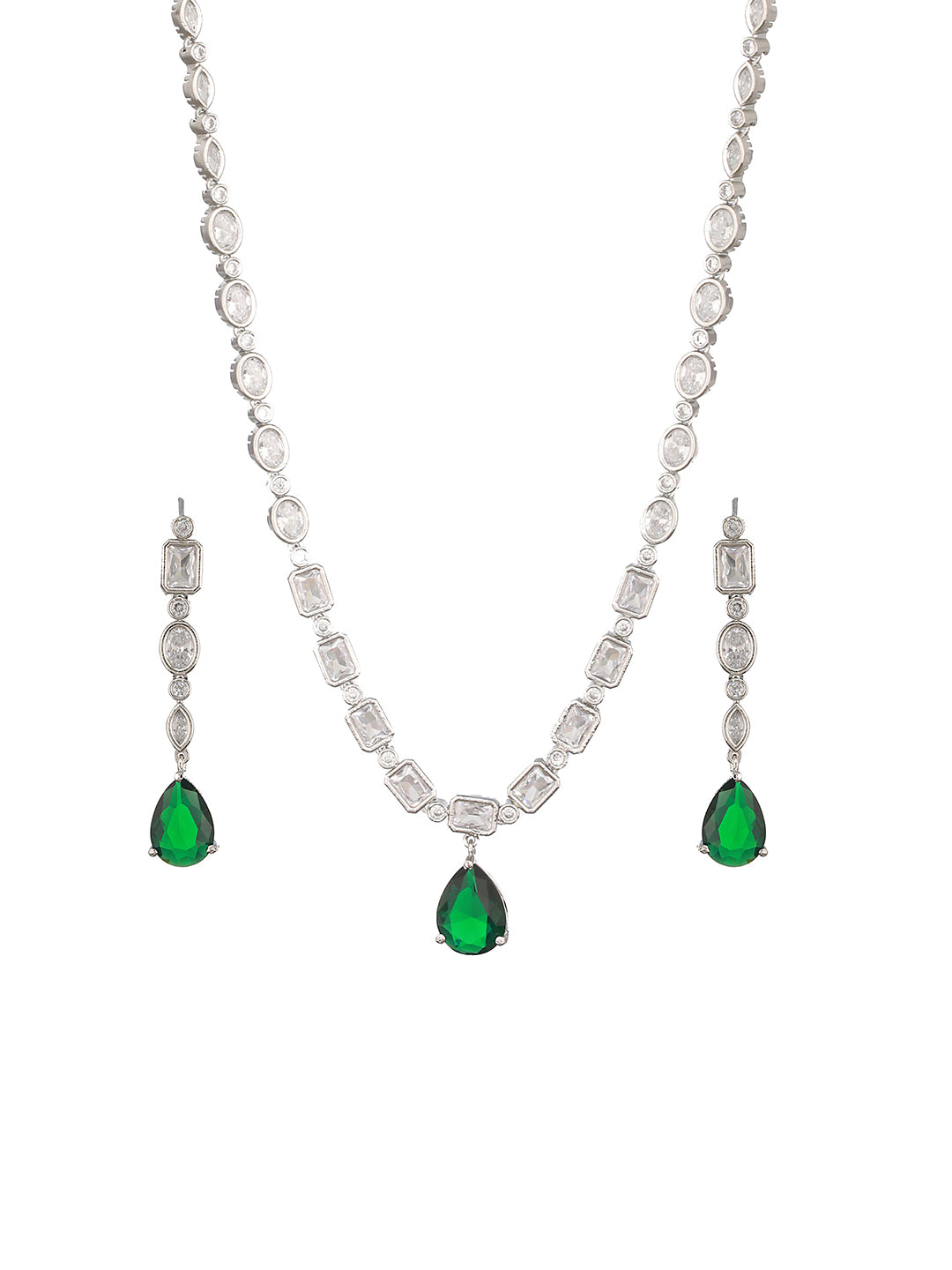 Silver Toned Emerald Green Zircon Studded Minimal Pendant Necklace Jewellery Set