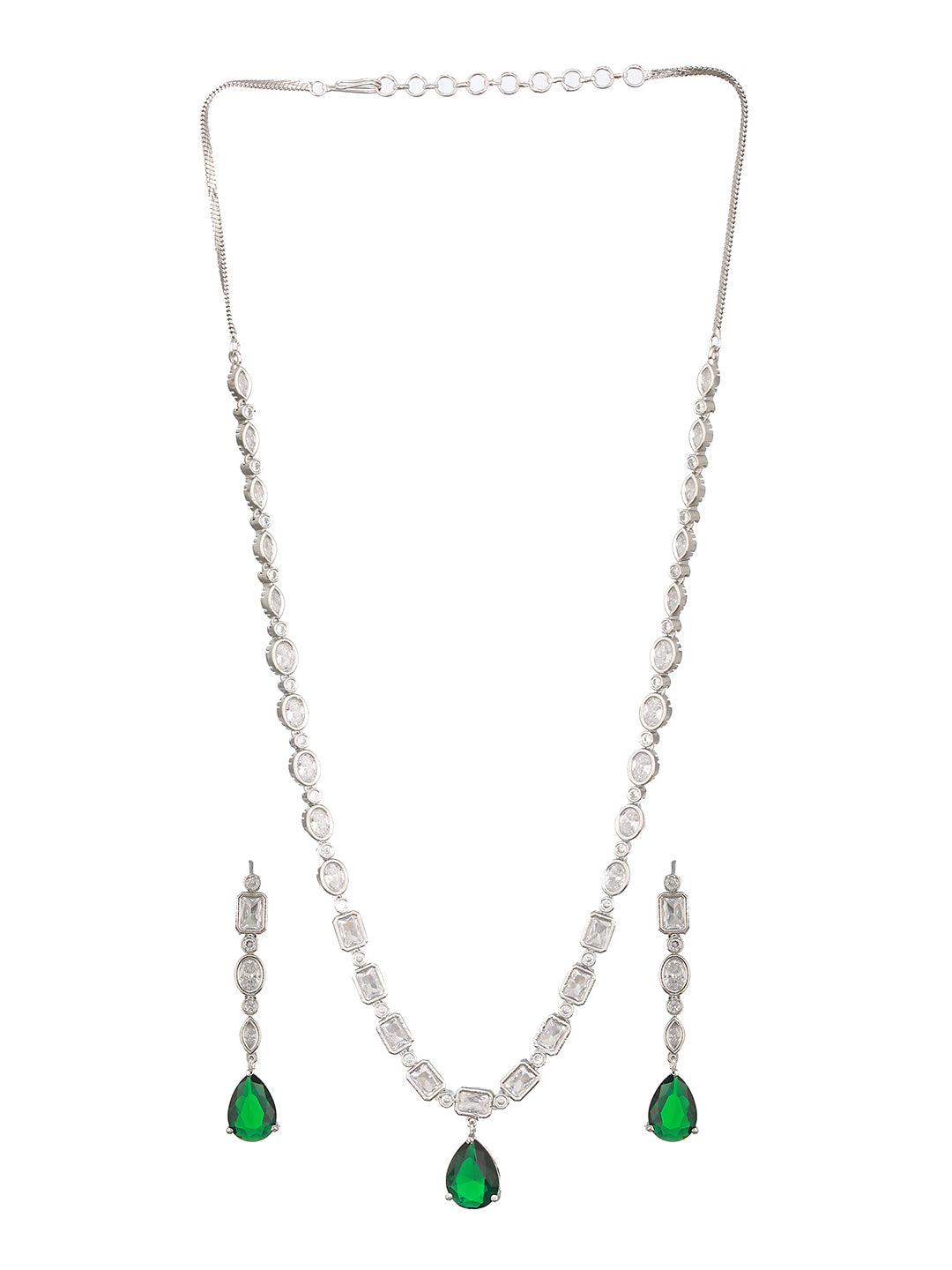 Silver Toned Emerald Green Zircon Studded Minimal Pendant Necklace Jewellery Set