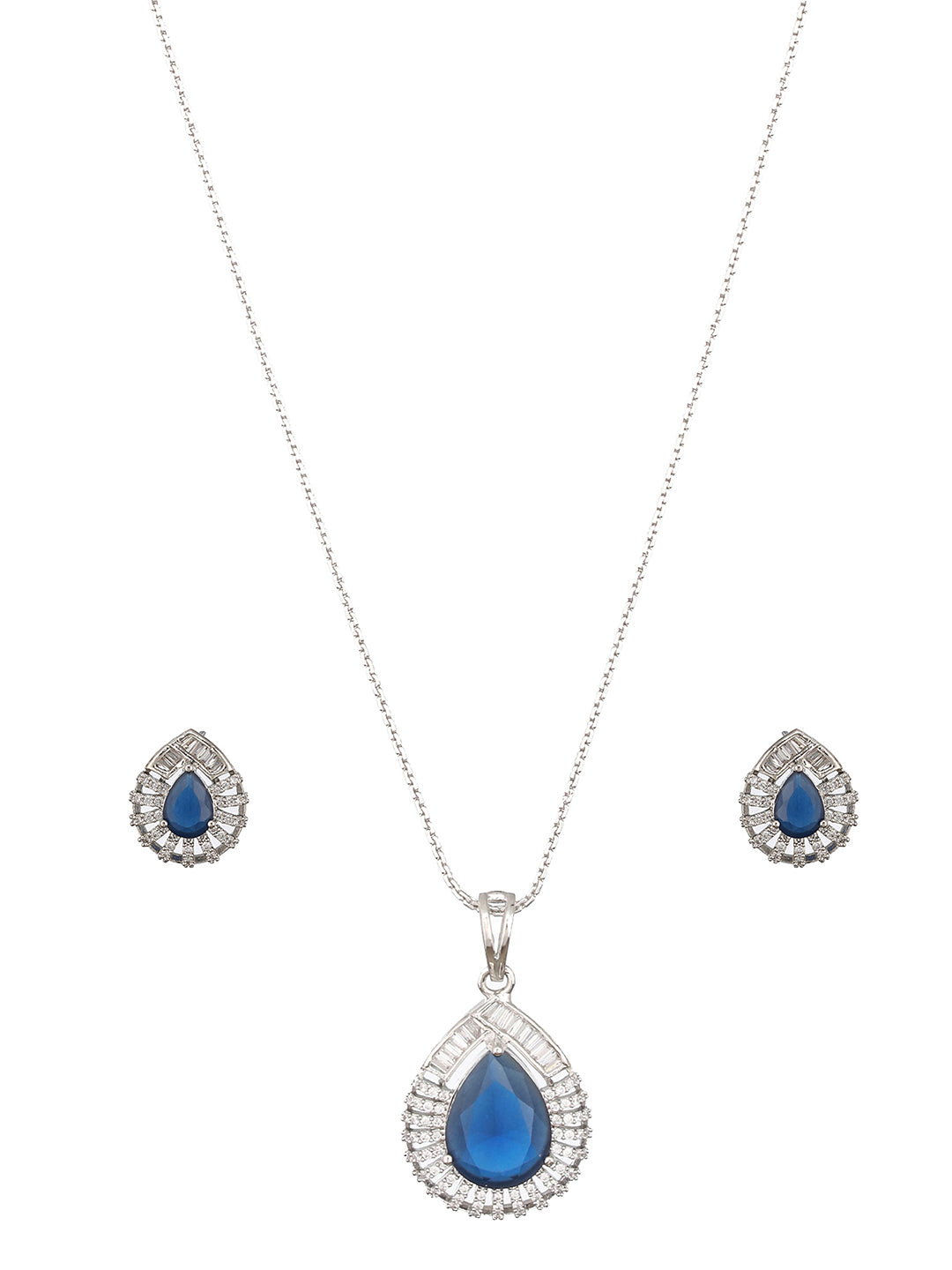 Silver Plated Blue Sapphire Tilak AD studded Pendant Locket Jewellery Set
