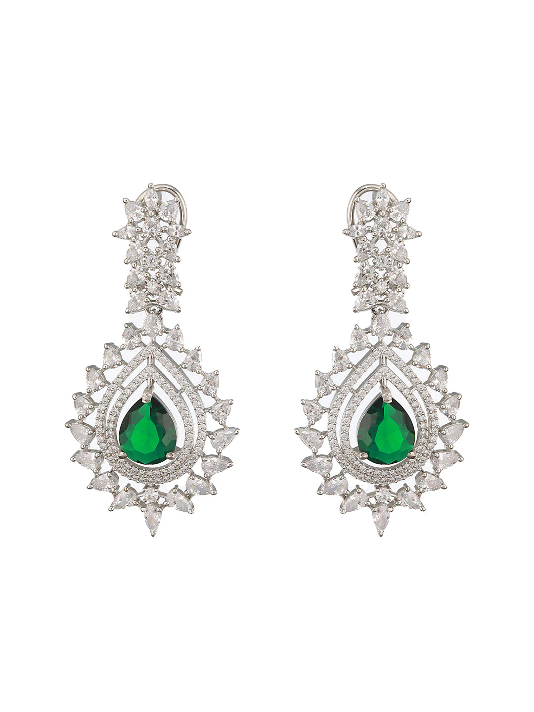 Silver Toned Green Emerald Studded Designer Bridal Necklace Jewellery  Set