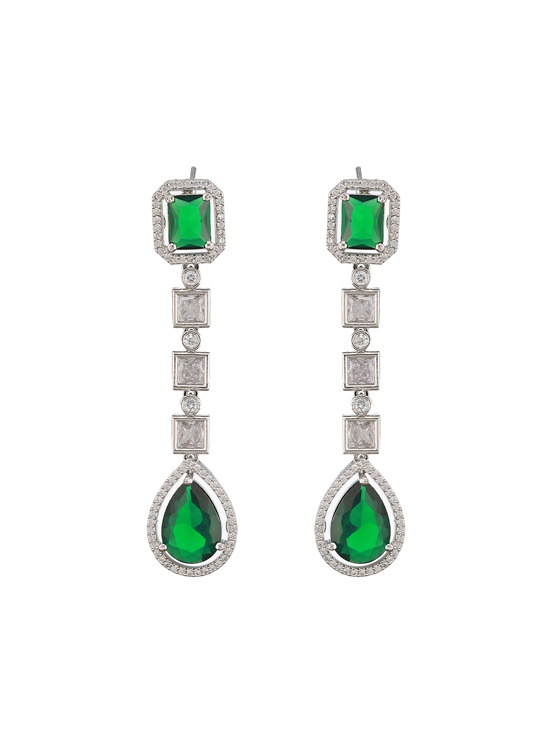 Silver Toned Green Zircon Studded Double Lined Designer Luxe Necklace Jewellery  Set