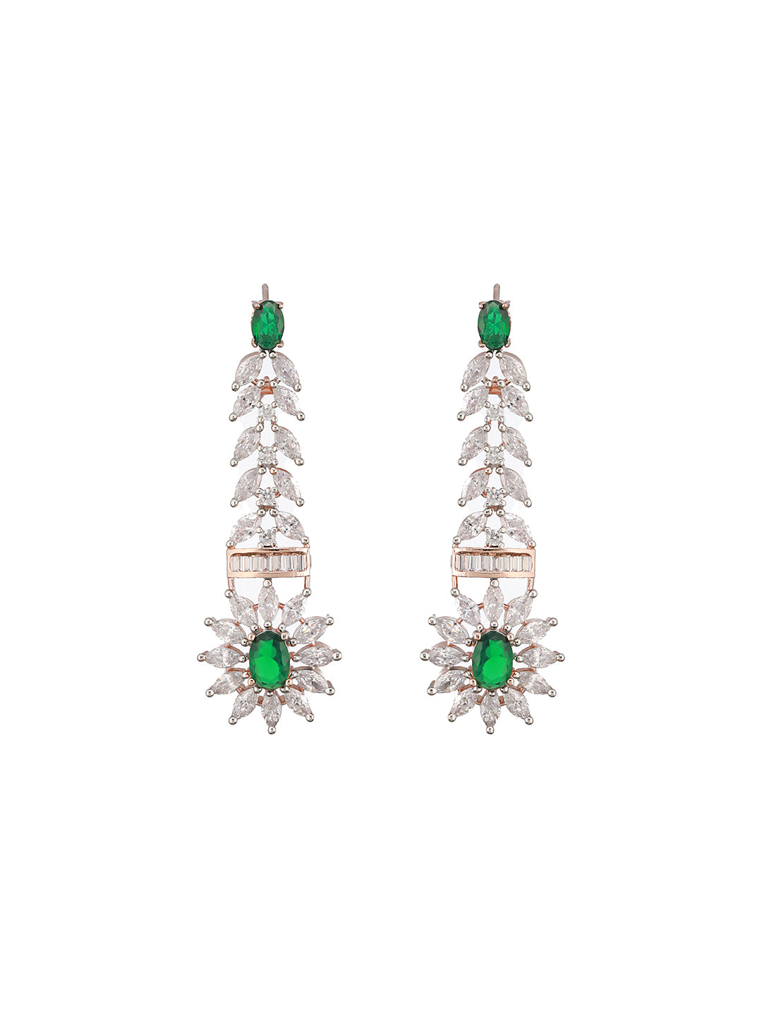 Rose Polish Green  Emerald Studded Minimal  Floral Pendant Necklace Jewellery  Set