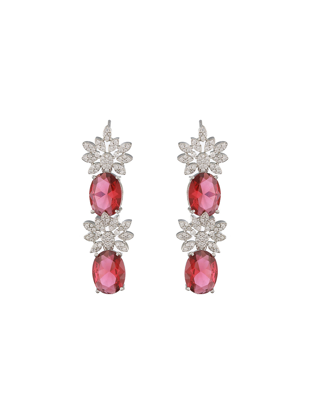 Silver Plated Red ADStudded Designer Floral Design Jewellry Set