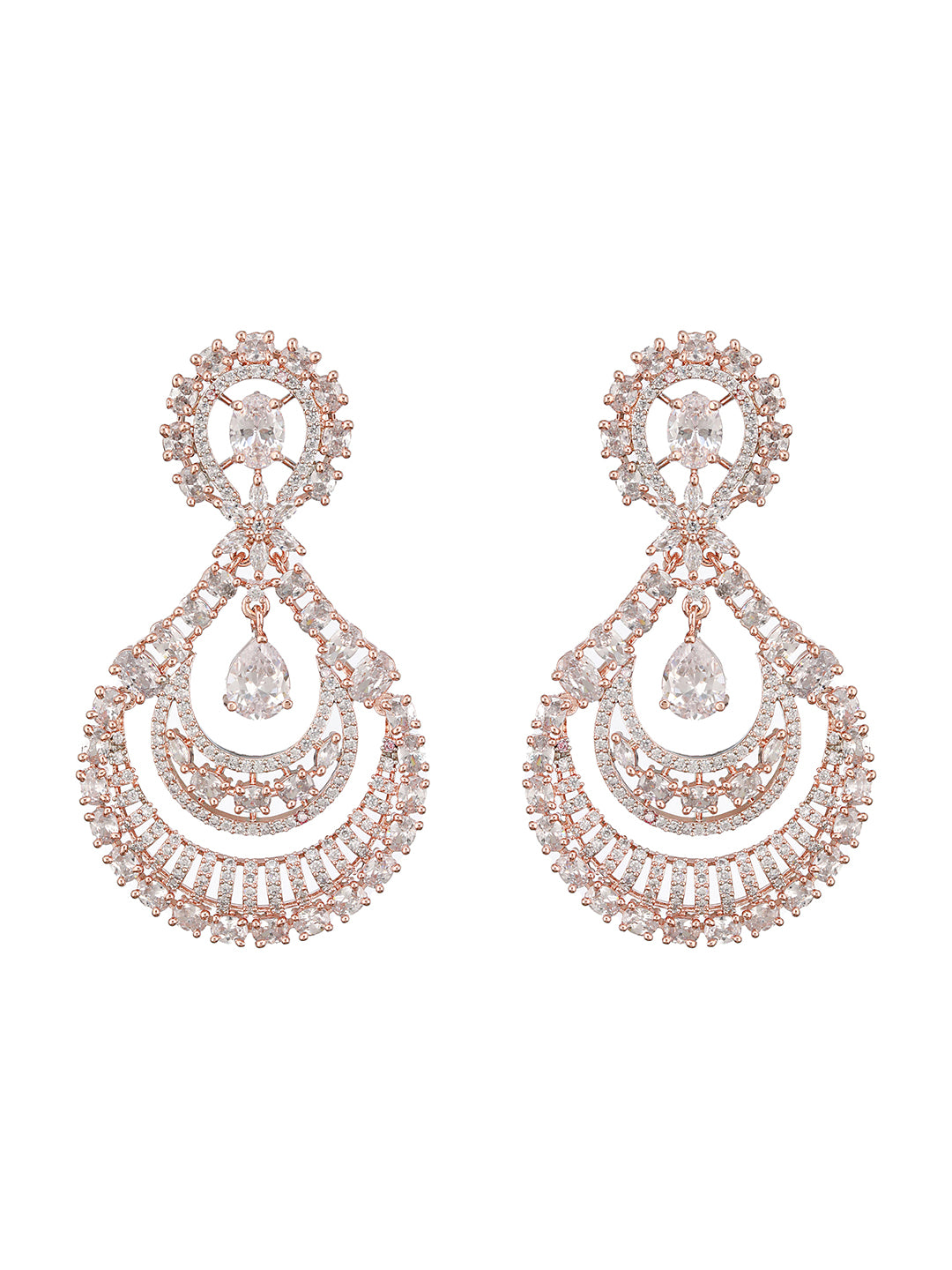 Rose Gold toned Zircon studded Long Chandelier Chandbali Luxe Earrings