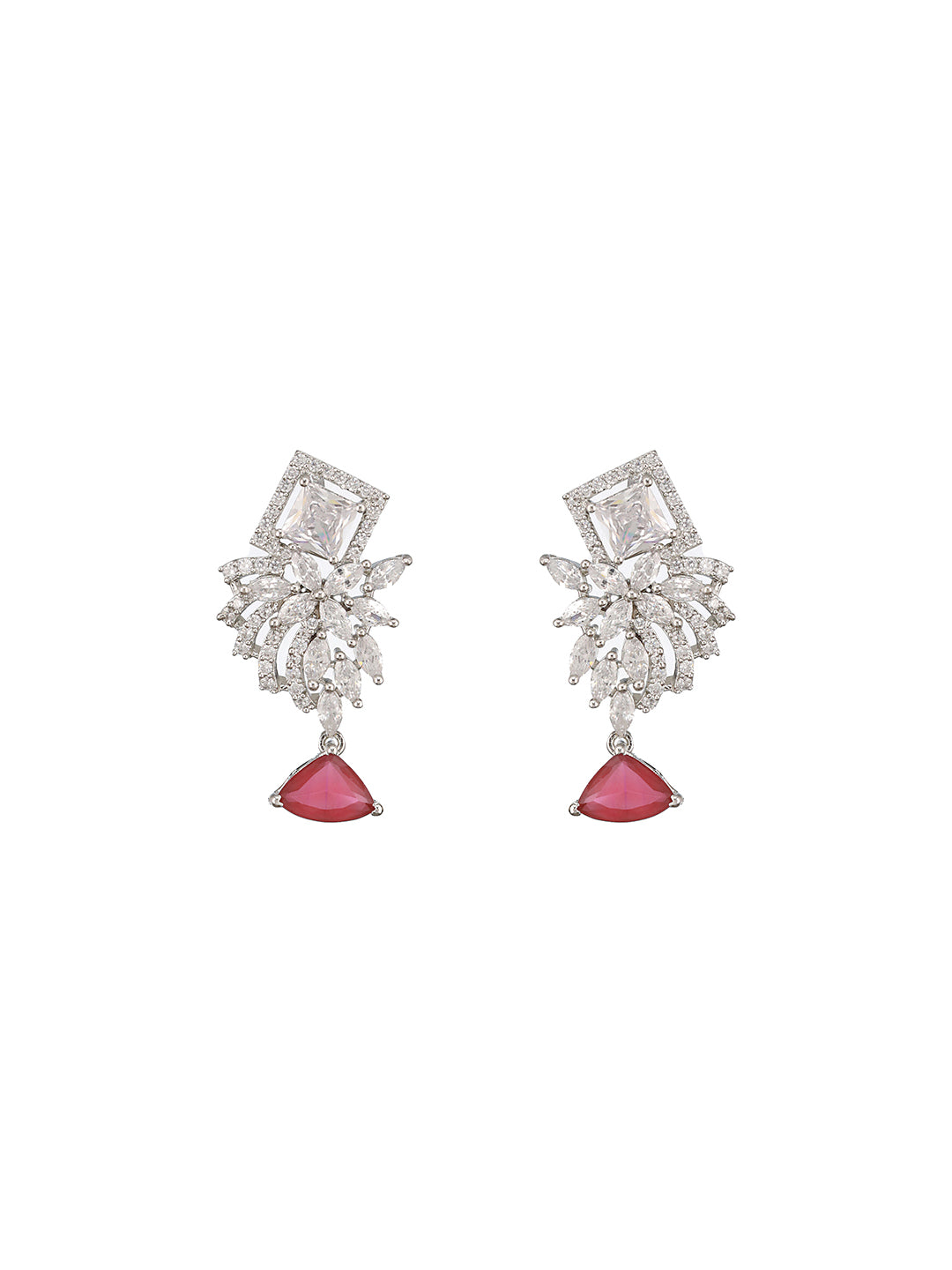 Silver Toned Red Ad Studded  Minimal Quirky Drop Earring