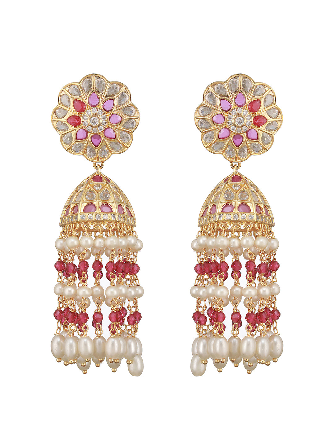 Gold Plated Red AD Pearl Beaded Contemporary Long  Jhumka Earrings