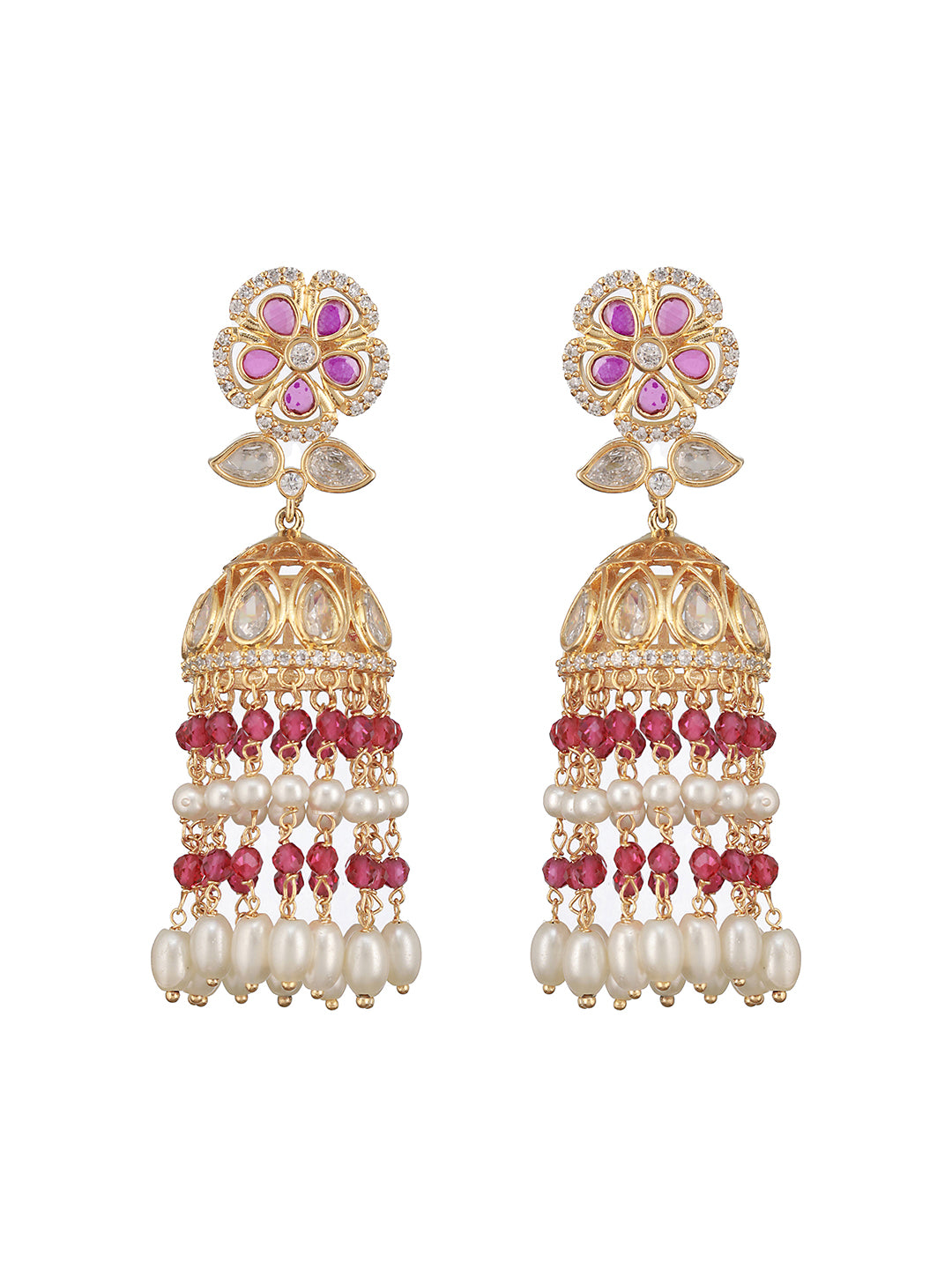 Gold Plated Red AD Studded Designer Floral Long Pearl Earrings