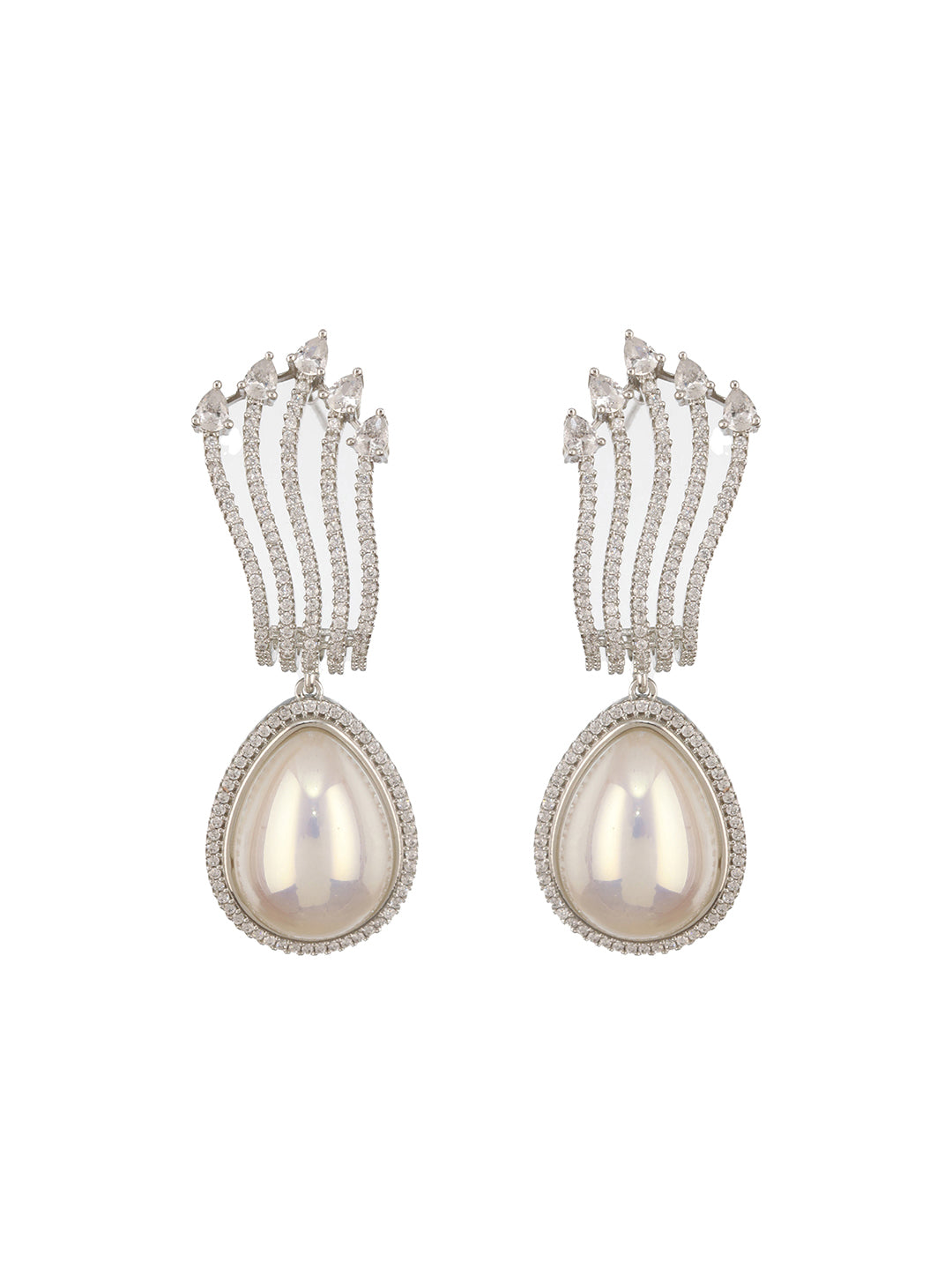 Silver Plated AD Studded  & Pearl Contemporary Hoop Bali  Earrings