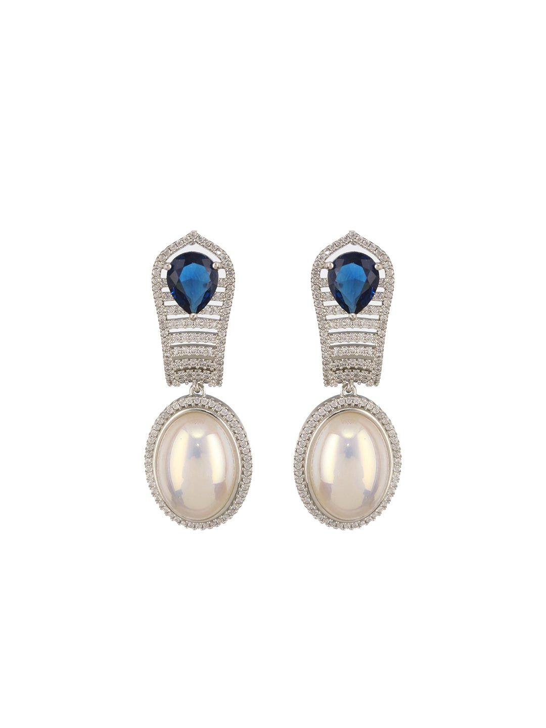 Silver Plated  Blue AD Studded  & Pearl Contemporary Hoop Bali  Earrings