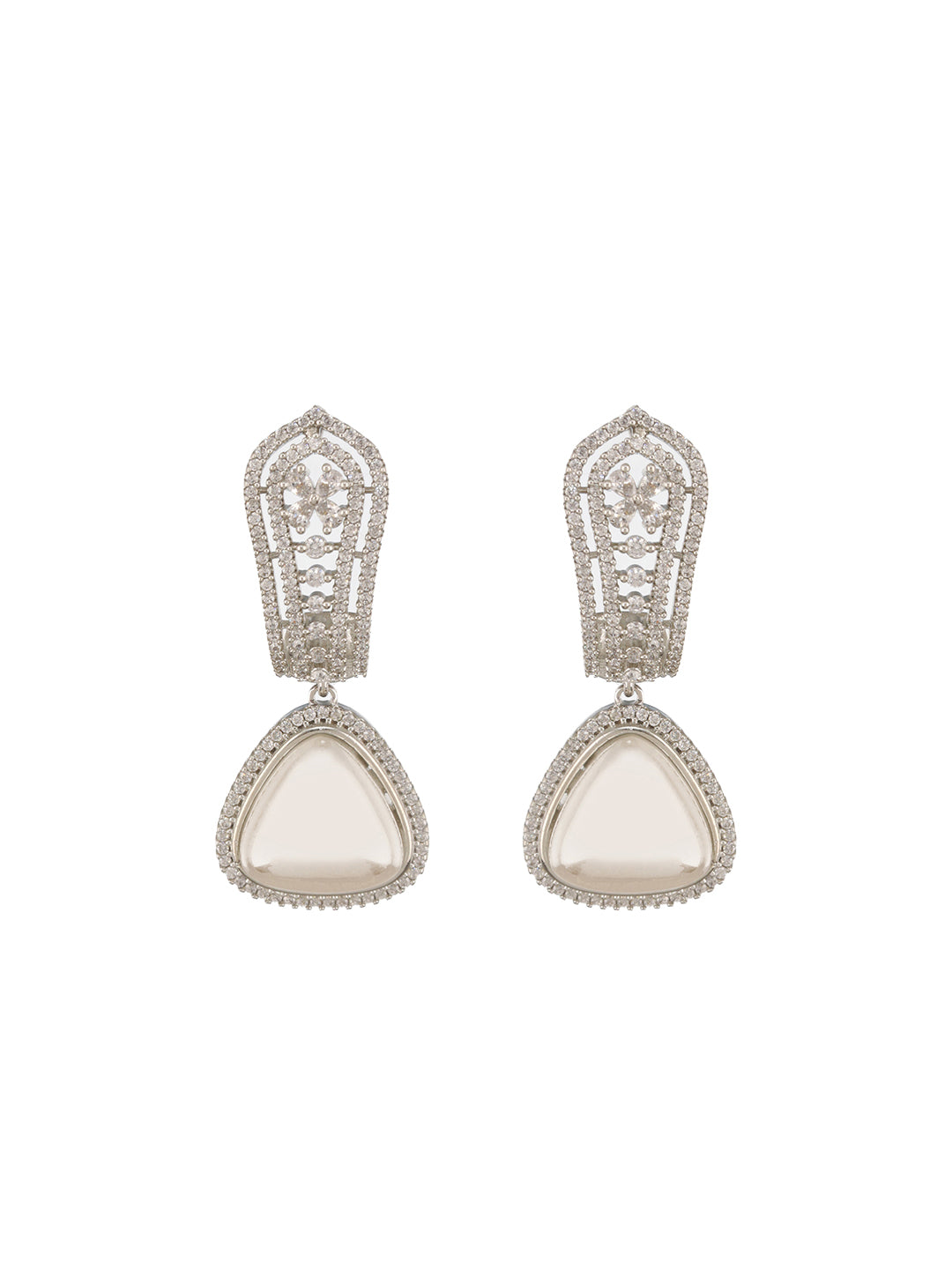 Silver Toned Zircon Studded Triangular Pearl Beaded  Handcrafted Bali Hoop  Earrings