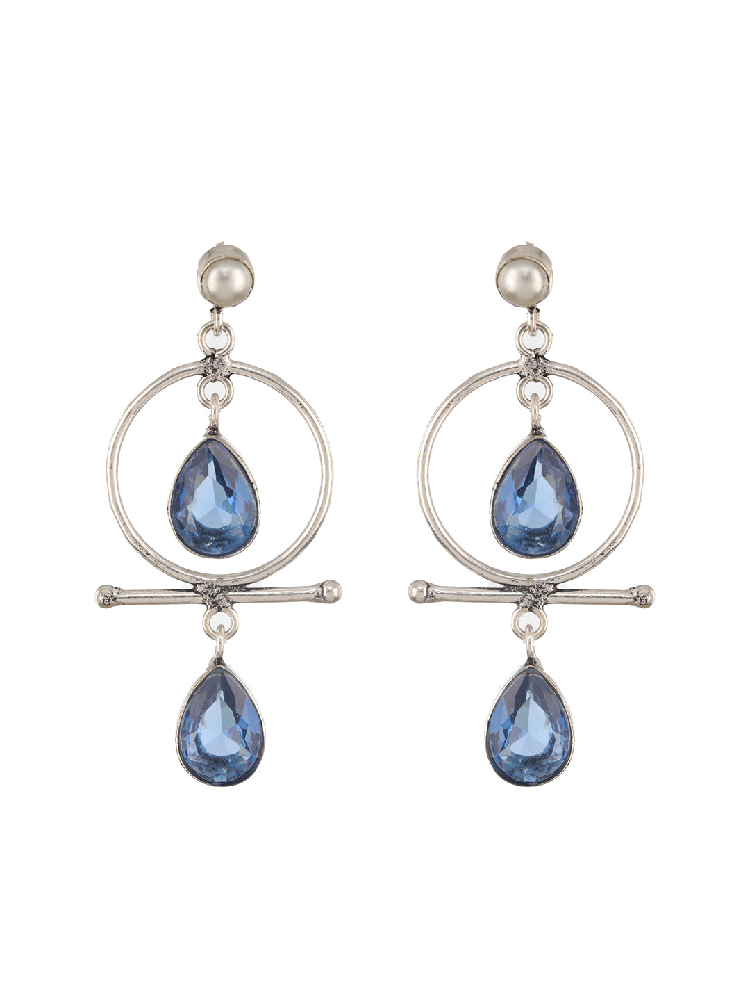 Silver Oxidised Plted Blue Stone AD Minimal  T-Shaped Hoop Earrings