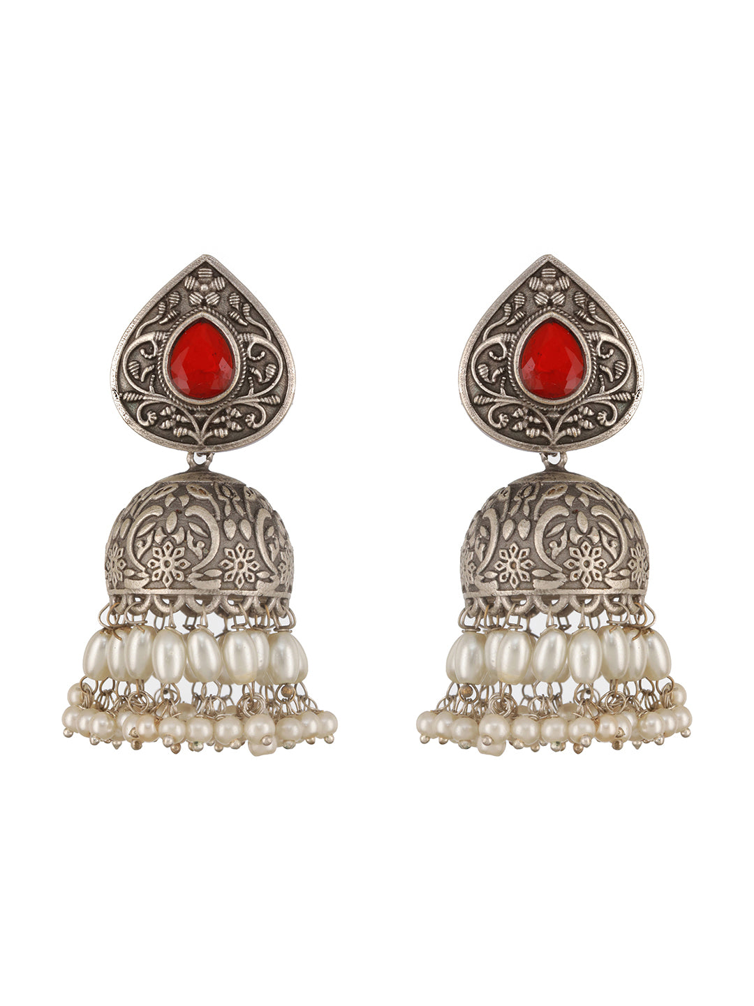 Silver Toned Oxidised Red Ruby AD Studded Handcrafted Contemporary Jhumkas Earrings