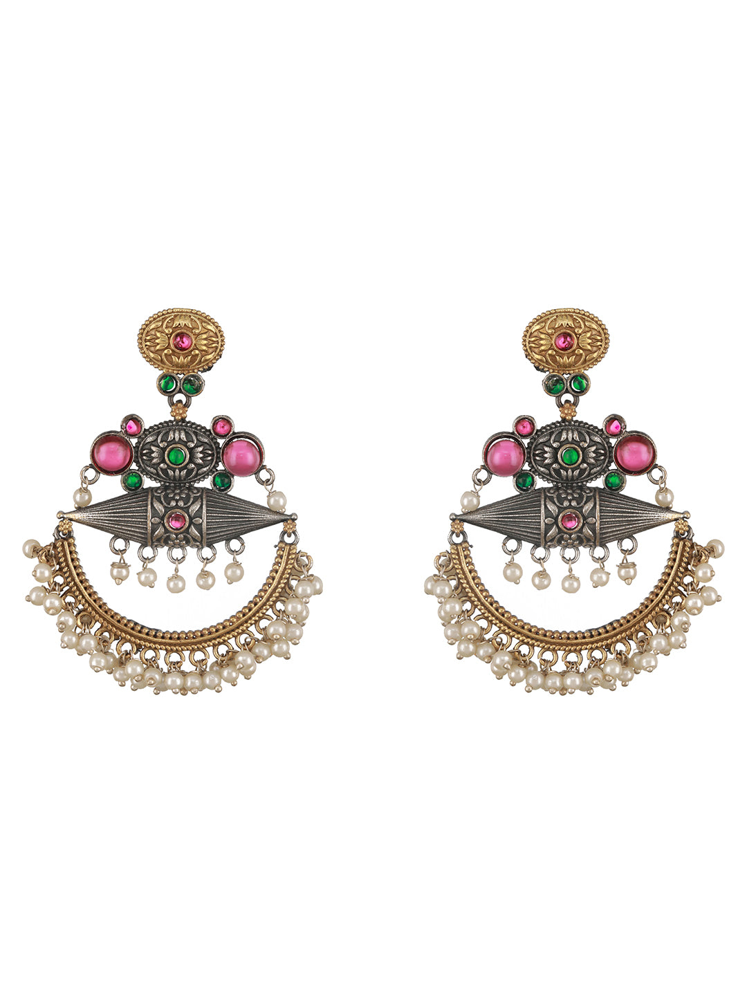 Dual Toned Red Stones Studded & Pearl Beaded Handcrafted Designer Light Weight Chandbali Dangler earrings