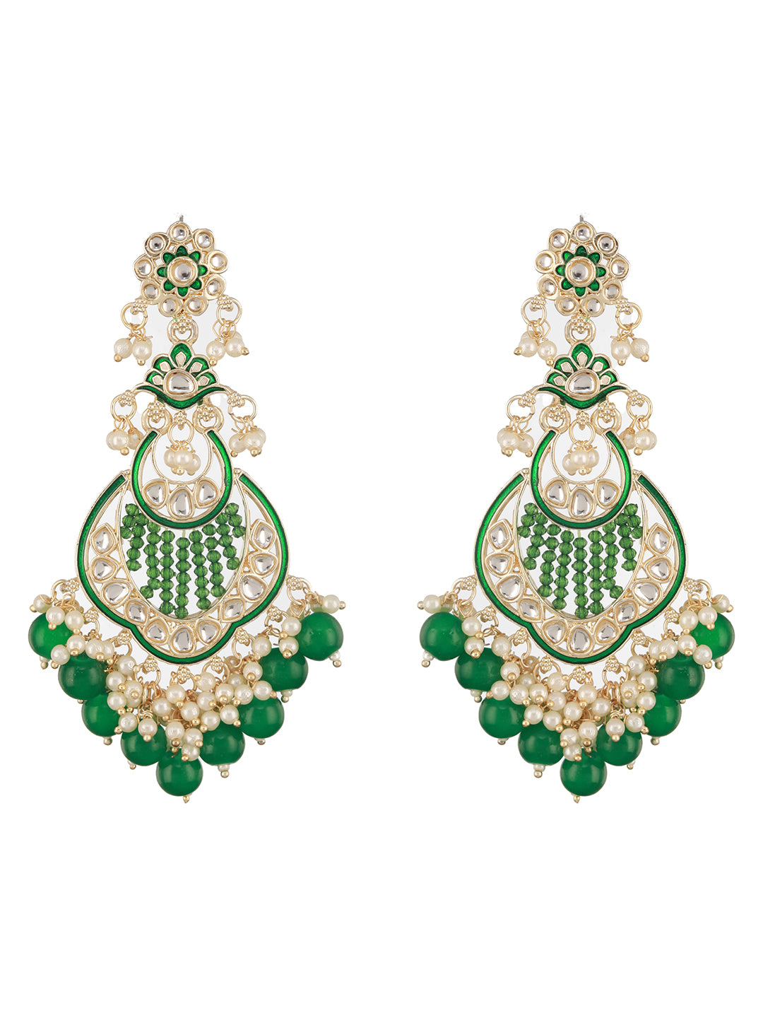 Gold Toned Kundan & Emerald Green Pearl Beaded Handcrafted Chandbali Earrings