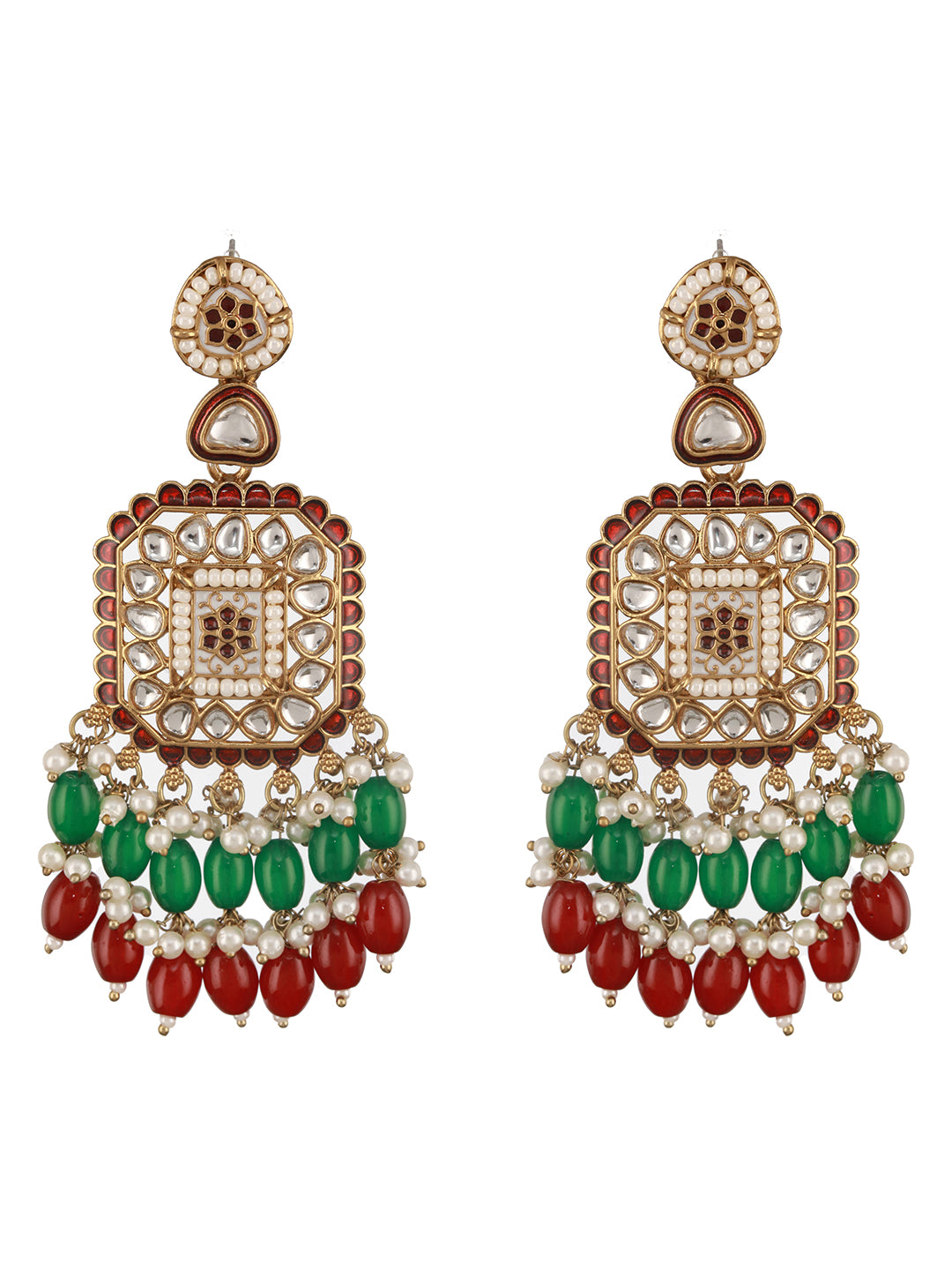Gold Toned Red  Kundan & Green Pearl Beaded Geometric Designer Dangler Chandbali earrings