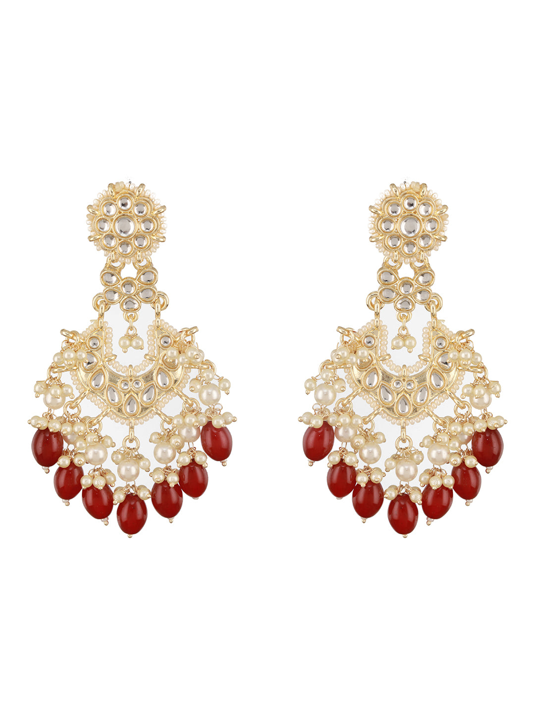 Gold Toned Kundan &  Maroon Pearl Beaded Delicate Floral Chandbali Earrings
