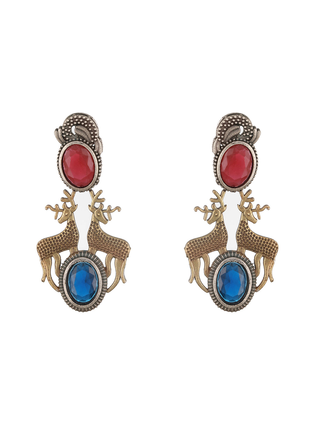 Dual Toned  Oxidised  Red Stone Studded Brass Handcrafted Deer Motif Intricate Designer Jewellery Set