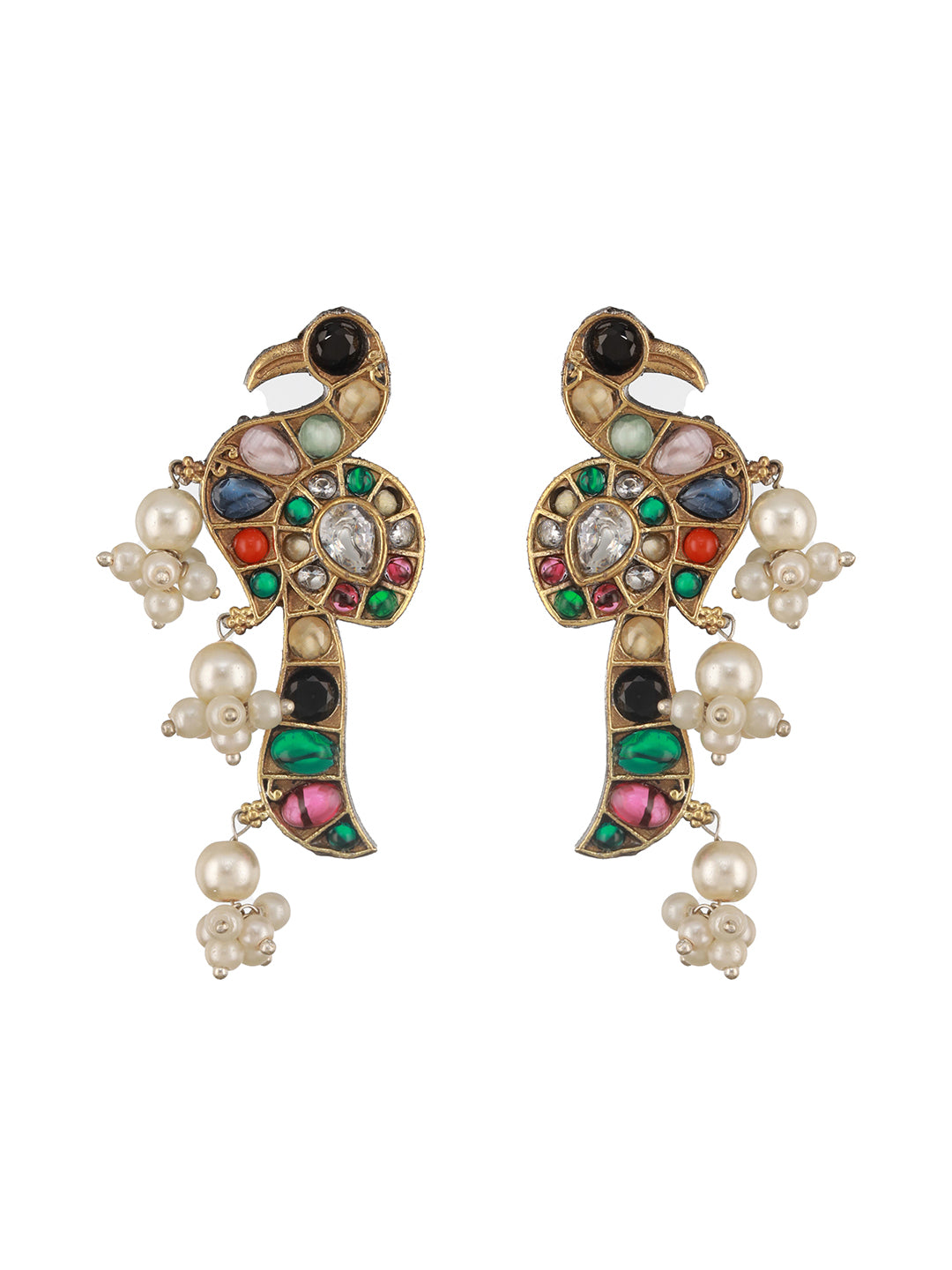 Dual Tone Oxidised Nav Ratan Stone Studded Pearl Beaded Bird Motif Designer