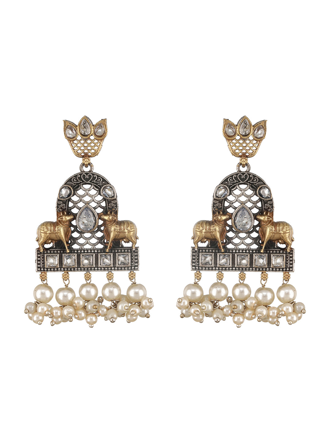 Dual Toned  Oxidised Silver Lookalike  Pearl Beaded Hasli Deer Motif Designer Jewellery Set