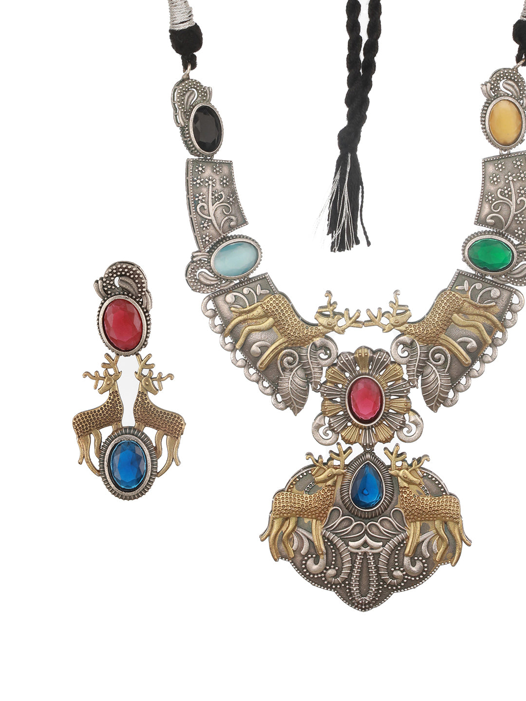 Dual Toned  Oxidised  Red Stone Studded Brass Handcrafted Deer Motif Intricate Designer Jewellery Set