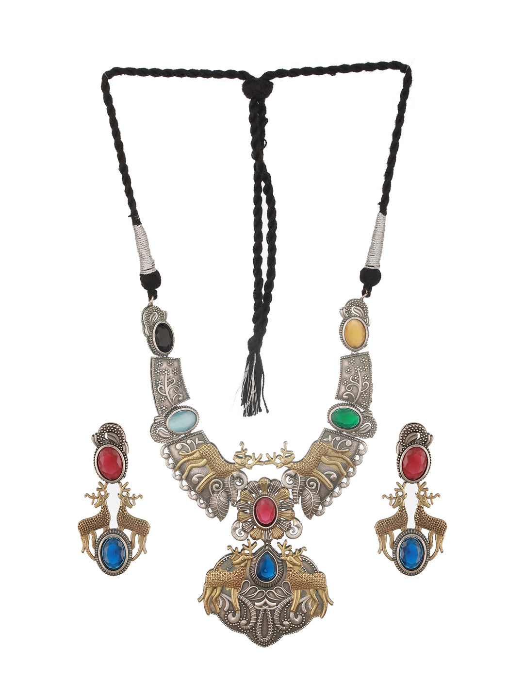 Dual Toned  Oxidised  Red Stone Studded Brass Handcrafted Deer Motif Intricate Designer Jewellery Set