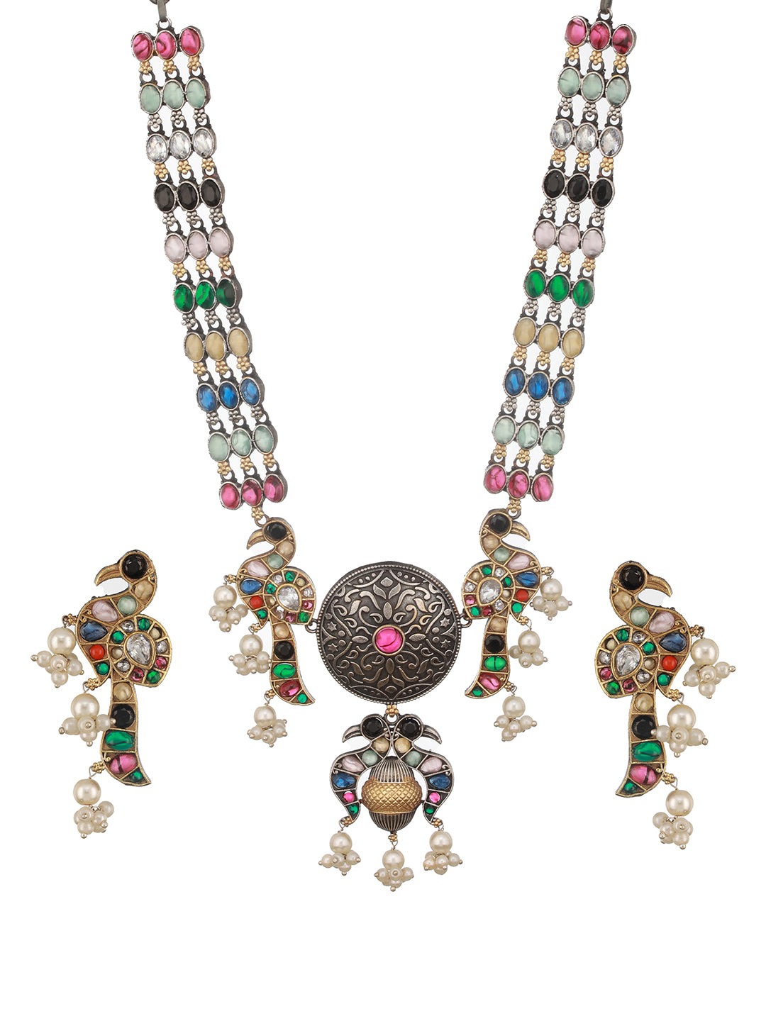 Dual Tone Oxidised Nav Ratan Stone Studded Pearl Beaded Bird Motif Designer