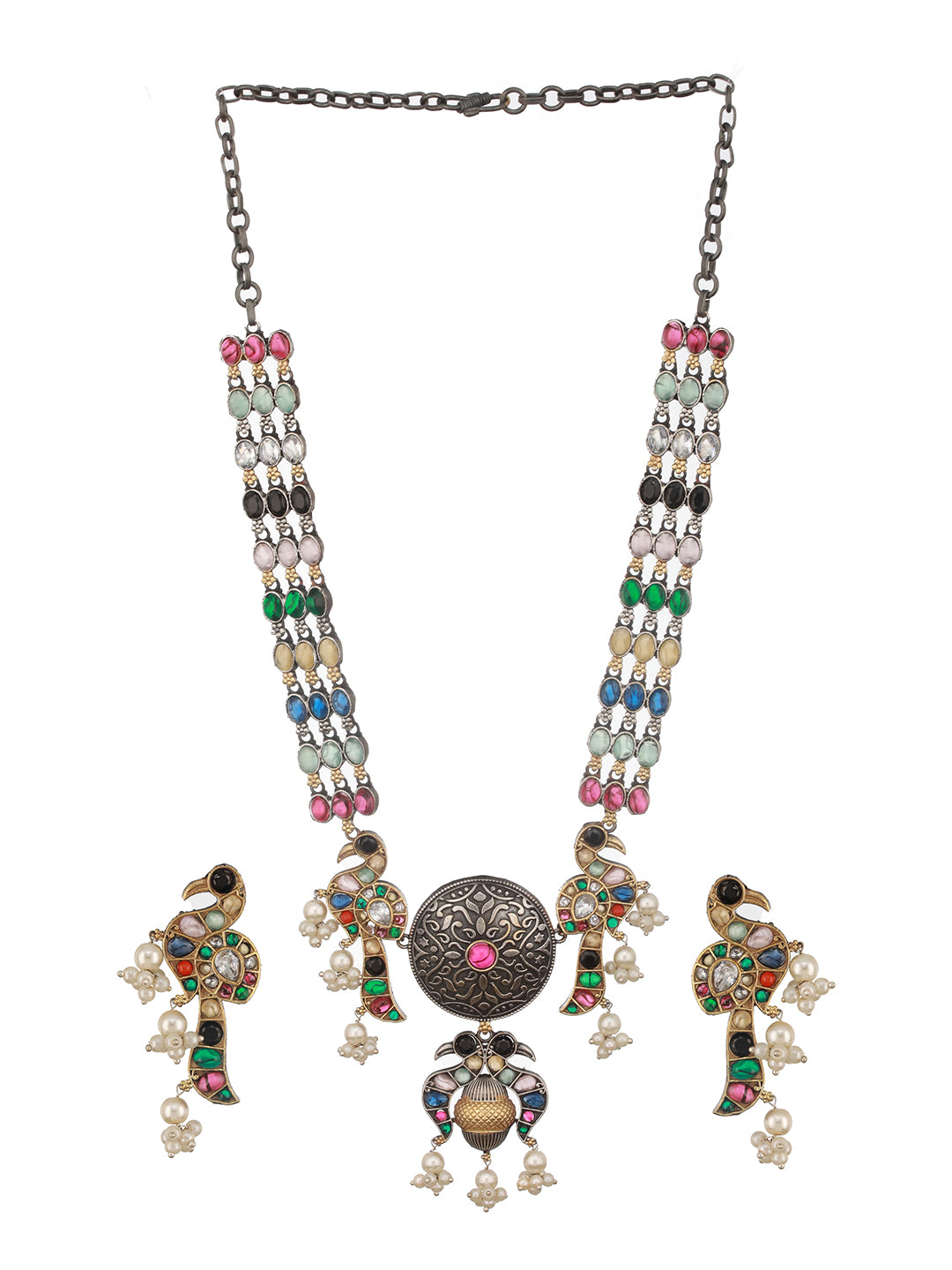 Dual Tone Oxidised Nav Ratan Stone Studded Pearl Beaded Bird Motif Designer